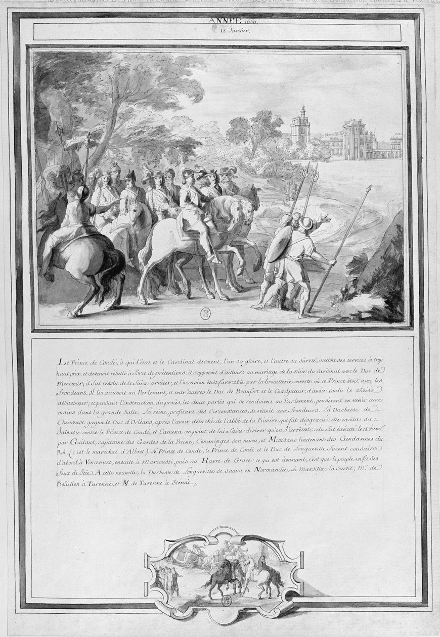 Louis II de Bourbon（1621-86）Conde王子与他的兄弟Armand de Bourbon（1629-66）孔蒂王子和Henri II de Longueville（1595-1663）Estouteville公爵骑马到文森，18日Janua 作者 法语学校