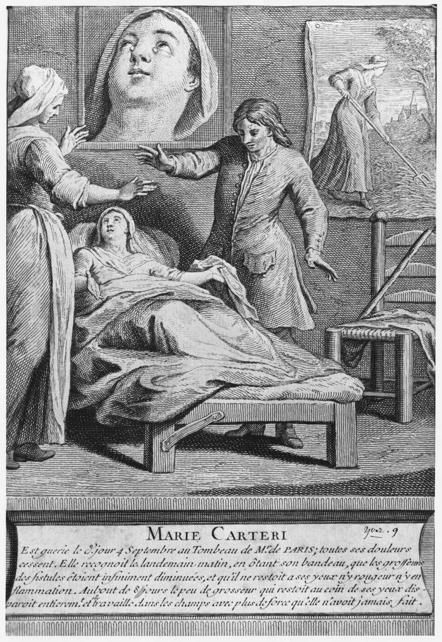 在巴黎教区墓地Saint-Medard的Deacon Francois de Paris墓上，一位盲人女子Marie Carteri神奇地愈合，由Pieter Yver（1712-87）1737年刻。 作者 法语学校
