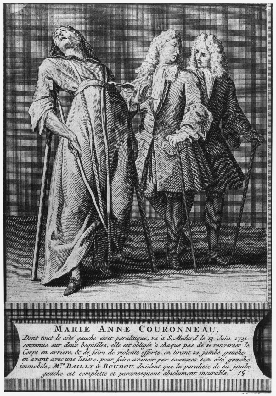 1731年6月13日在巴黎教区墓地Saint-Medard的Deacon Francois de Paris墓上瘫痪玛丽安妮Couronneau神奇的愈合，由Pieter Yver（1712-87）1737年刻（ 作者 法语学校