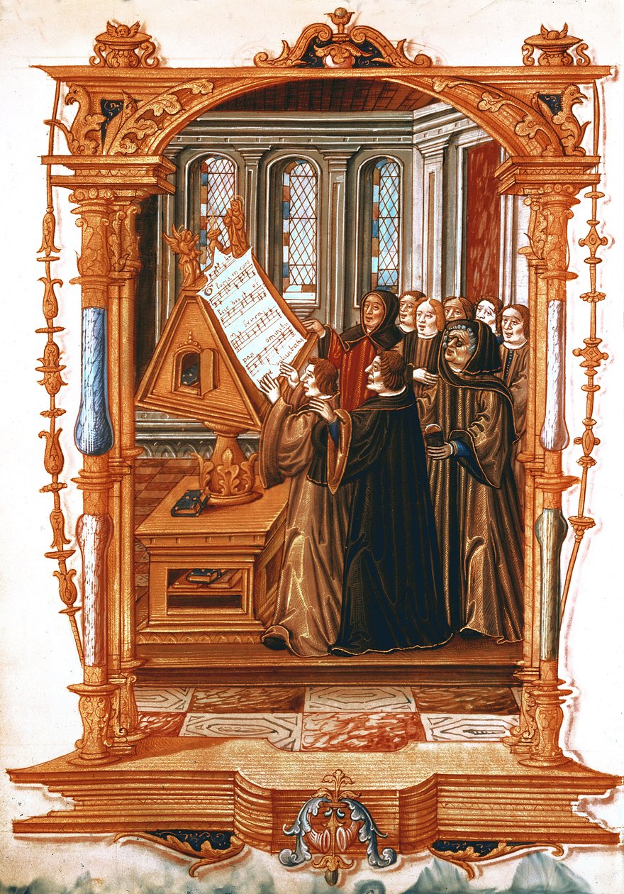 1537年f.58v女士来自“Puy de Rouan皇冠设计的皇家歌曲”的插图，描绘了由Jean Ockeghem（1410-97），1519-26进行的唱歌Gloria的合唱团 作者 法语学校