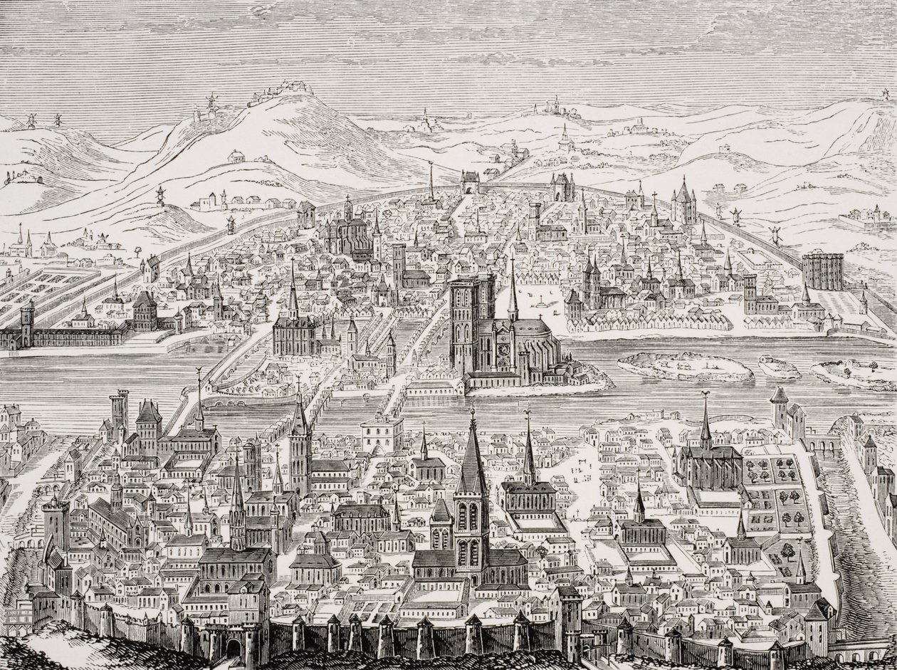 巴黎的透视图，Leonard Gaultier（1561-1641）1607的铜版传真，来自Paul Lacroix的“Le Moyen Age et La Renaissance”（1806-84）1847年出版 作者 法语学校