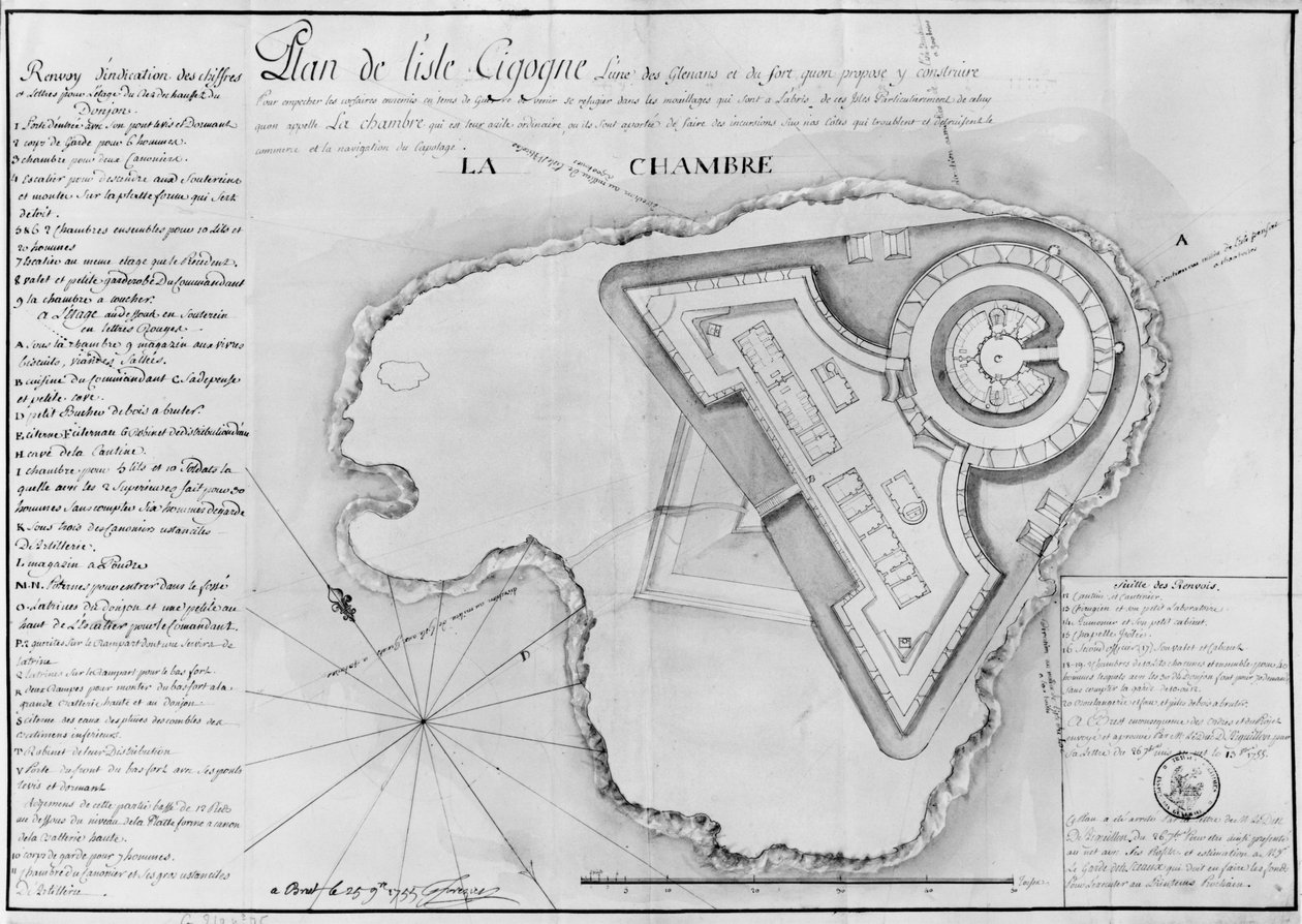 1745年，Ile Cigogne的计划和堡垒项目，Archipel des Glenan（铅笔和纸上的wc） 作者 法语学校