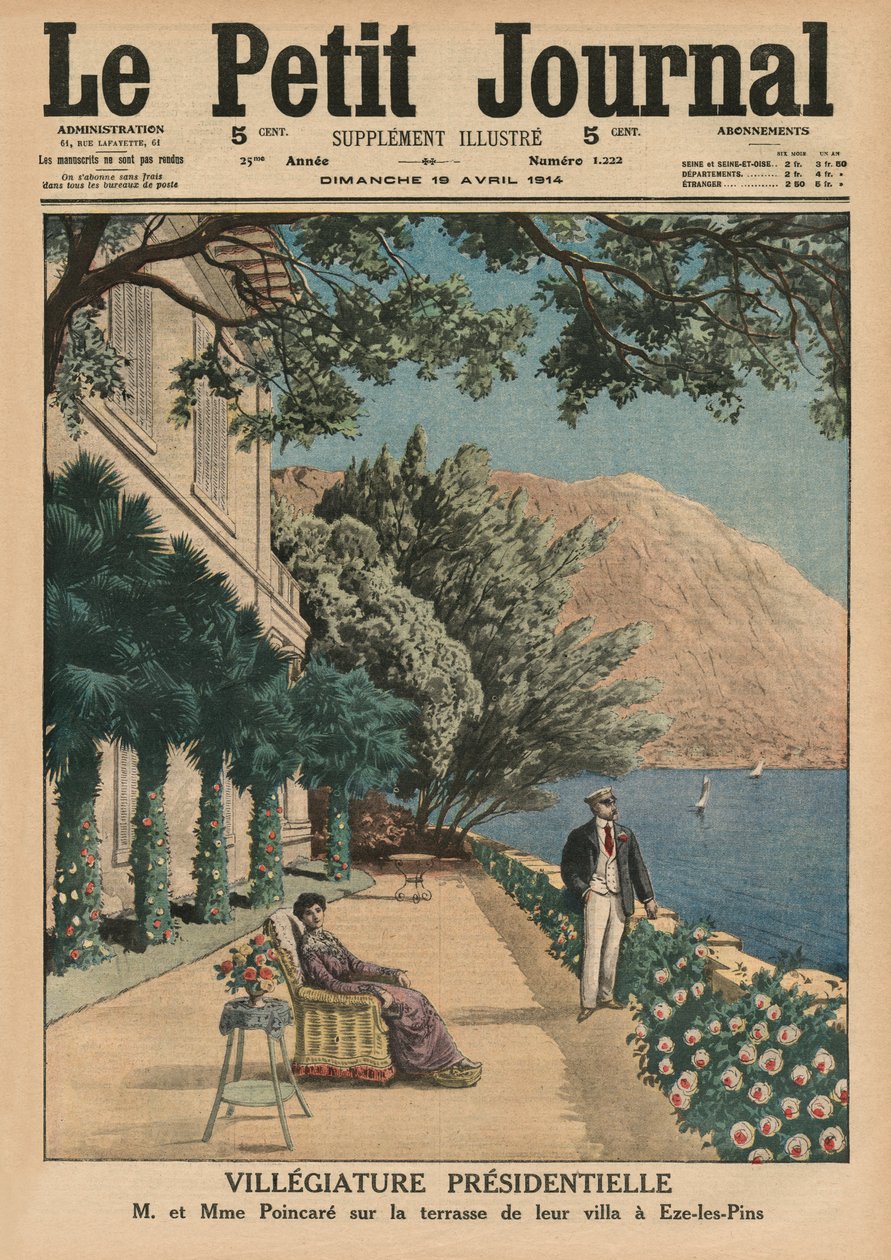 总统假期，Monsieur和Madame Poincare在Eze-les-Pins别墅的露台上，封面插图来自&39;Le Petit Journal&39;，补充illustre，1914年4月19日 作者 法语学校