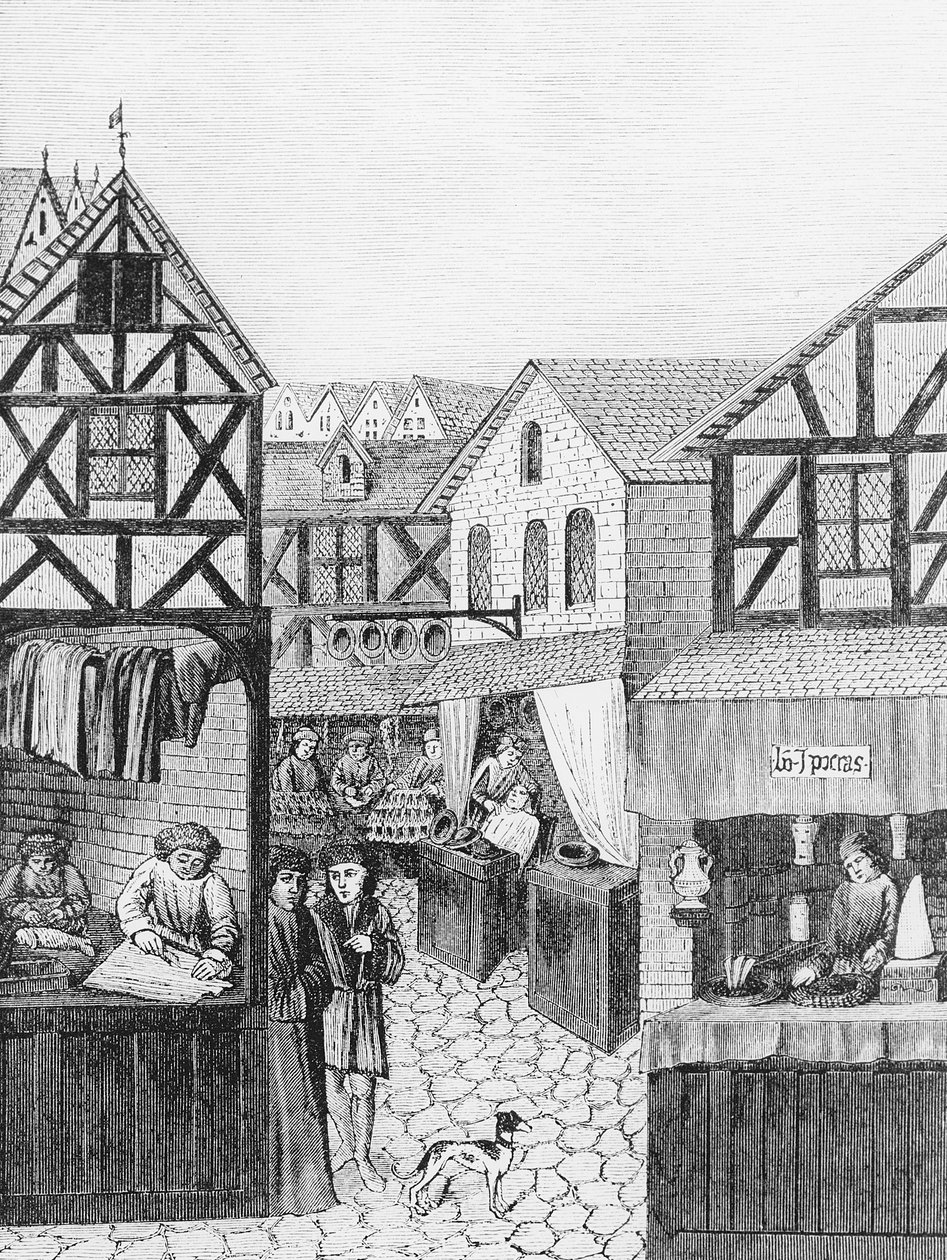 药剂师街的商店：Barber，Furrier和Tailor，来自&39;Regime des Princes&39;，插图来自&39;中世纪和文艺复兴时期的科学与文学&39;，由Paul Lacr编写和雕刻 作者 法语学校