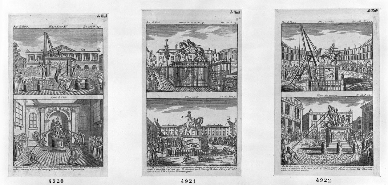 六个皇家雕像于1792年8月11日在巴黎被毁（雕刻） 作者 法语学校