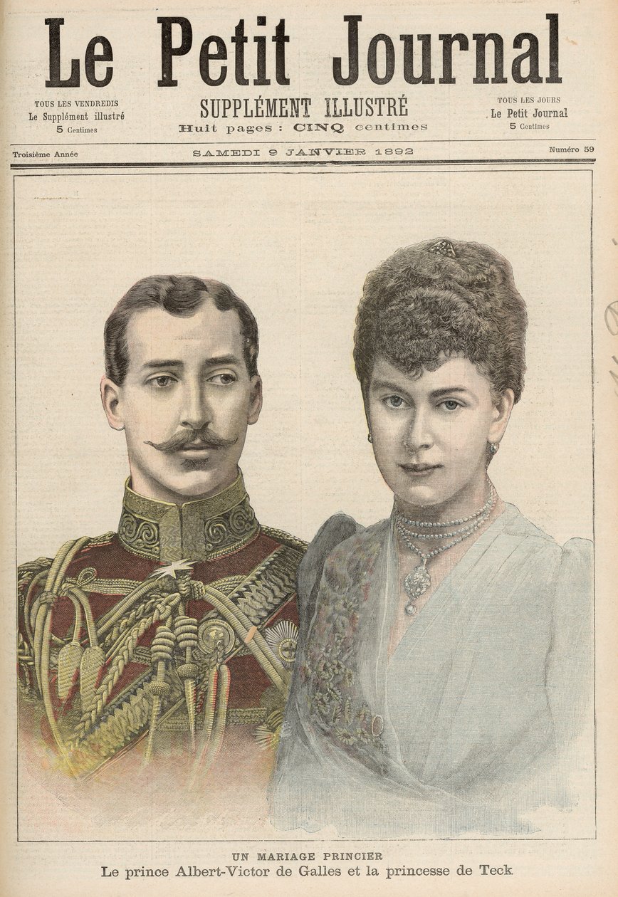 阿尔伯特维克多（1864-92）卡尔文伦公爵的订婚，爱德华的长子，威尔士亲王对泰克的维多利亚玛丽（1867-1953）来自&39;Le Petit Journal&39;，1892年1月9日 作者 法语学校