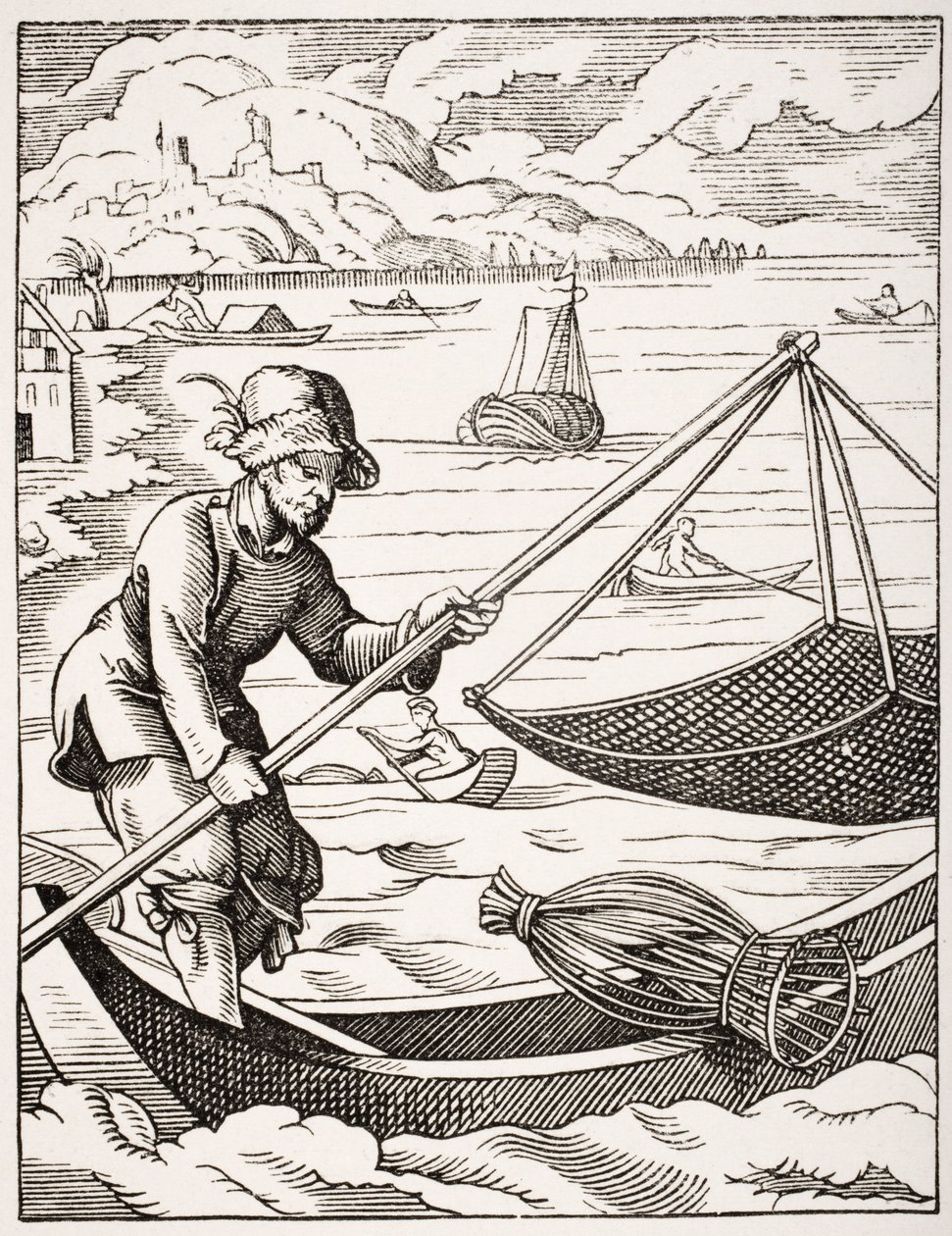 河流渔夫，经过16世纪的插图，由Jost Amman（1539-91）绘制和雕刻，来自&39;Le Moyen Age et La Renaissance&39;，由Paul Lacroix（1806-84）出版，1847年出版 作者 法语学校