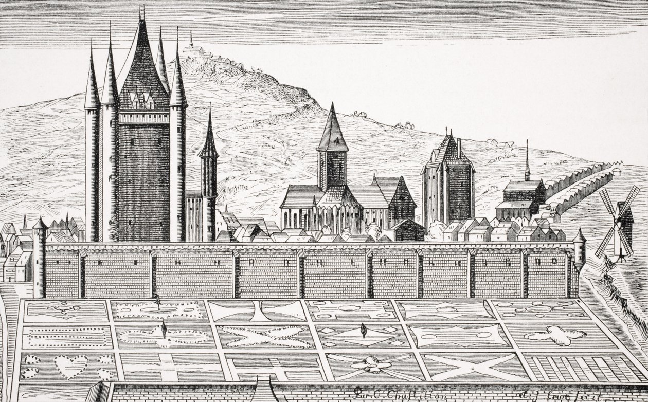 巴黎神庙之塔，经过&39;Le Moyen Age et La Renaissance&39;雕刻的“巴黎地形”，由Paul Lacroix（1806-84）出版，1847年出版 作者 法语学校