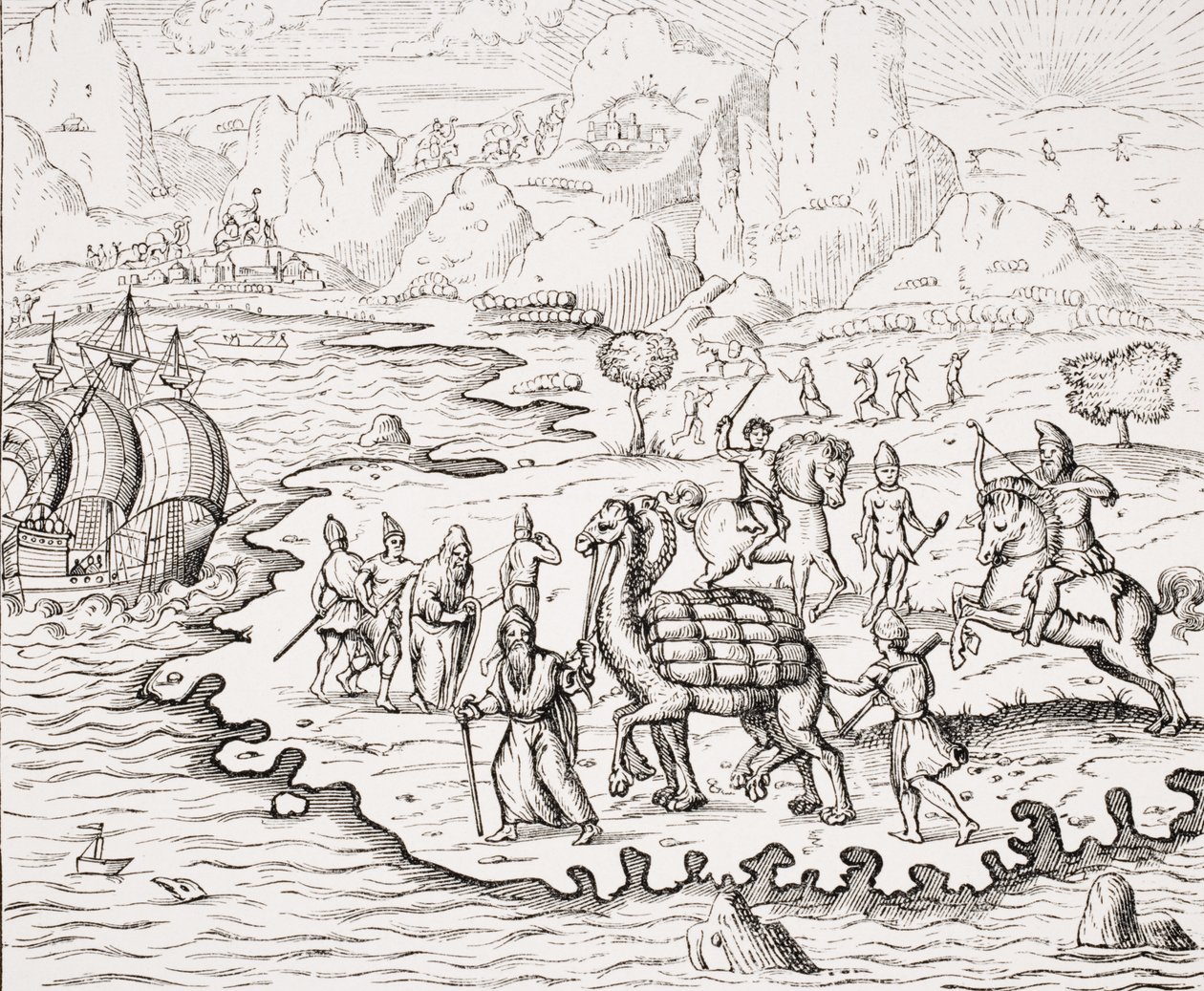 骆驼背上的商品运输，由安德烈·特威（Andre Thevet）于1575年出版的“La Cosmographie Universelle”中的木版画复制品，来自Paul Lacroix的“Le Moyen Age et La Renaissance”（1806年） 作者 法语学校