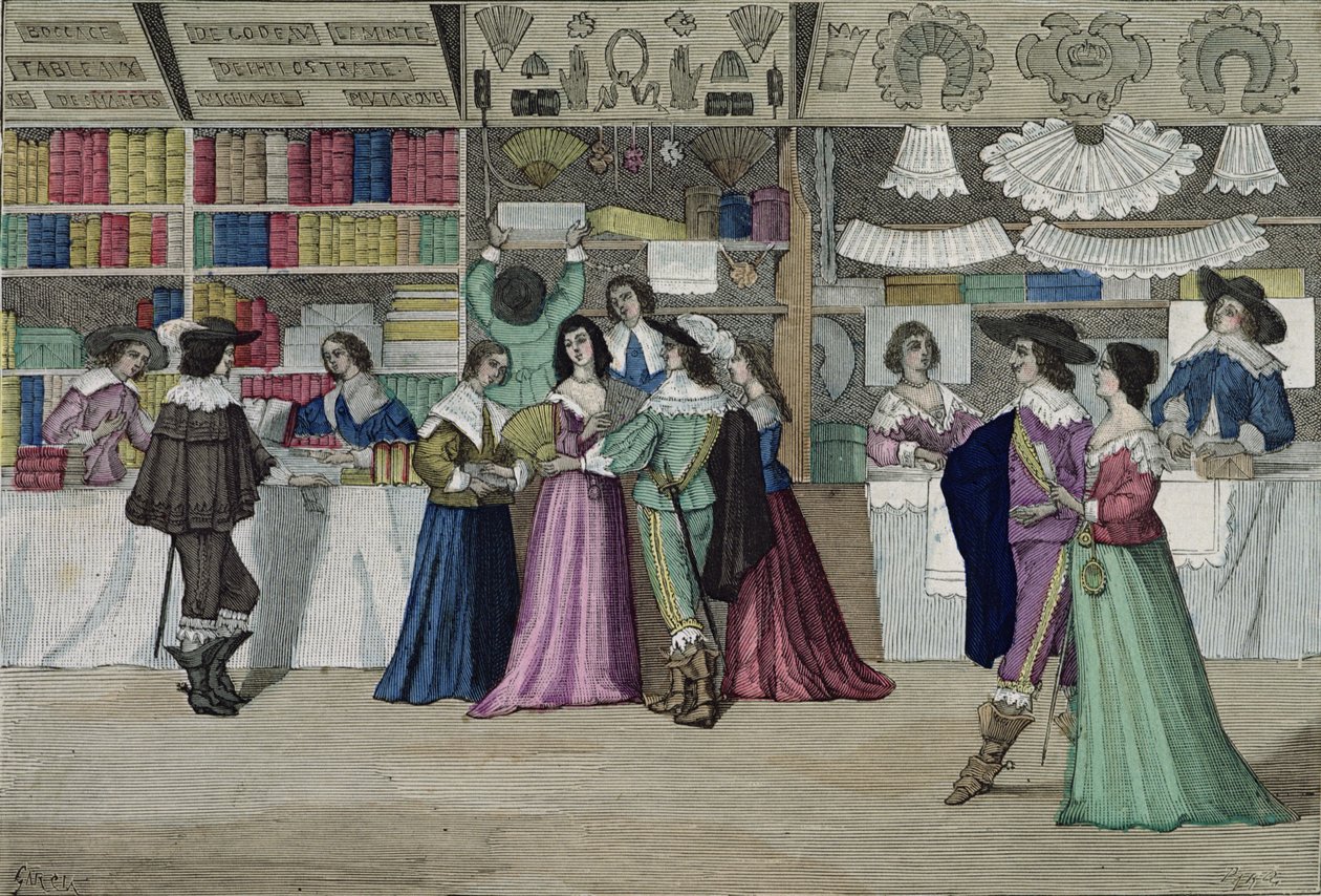路易十三（1601-43）时代的Palais de Justice画廊的商店来自&39;Costumes de Paris a Travers les Siecles&39;编辑。罗伊，1887年出版（彩色版画） 作者 加西亚