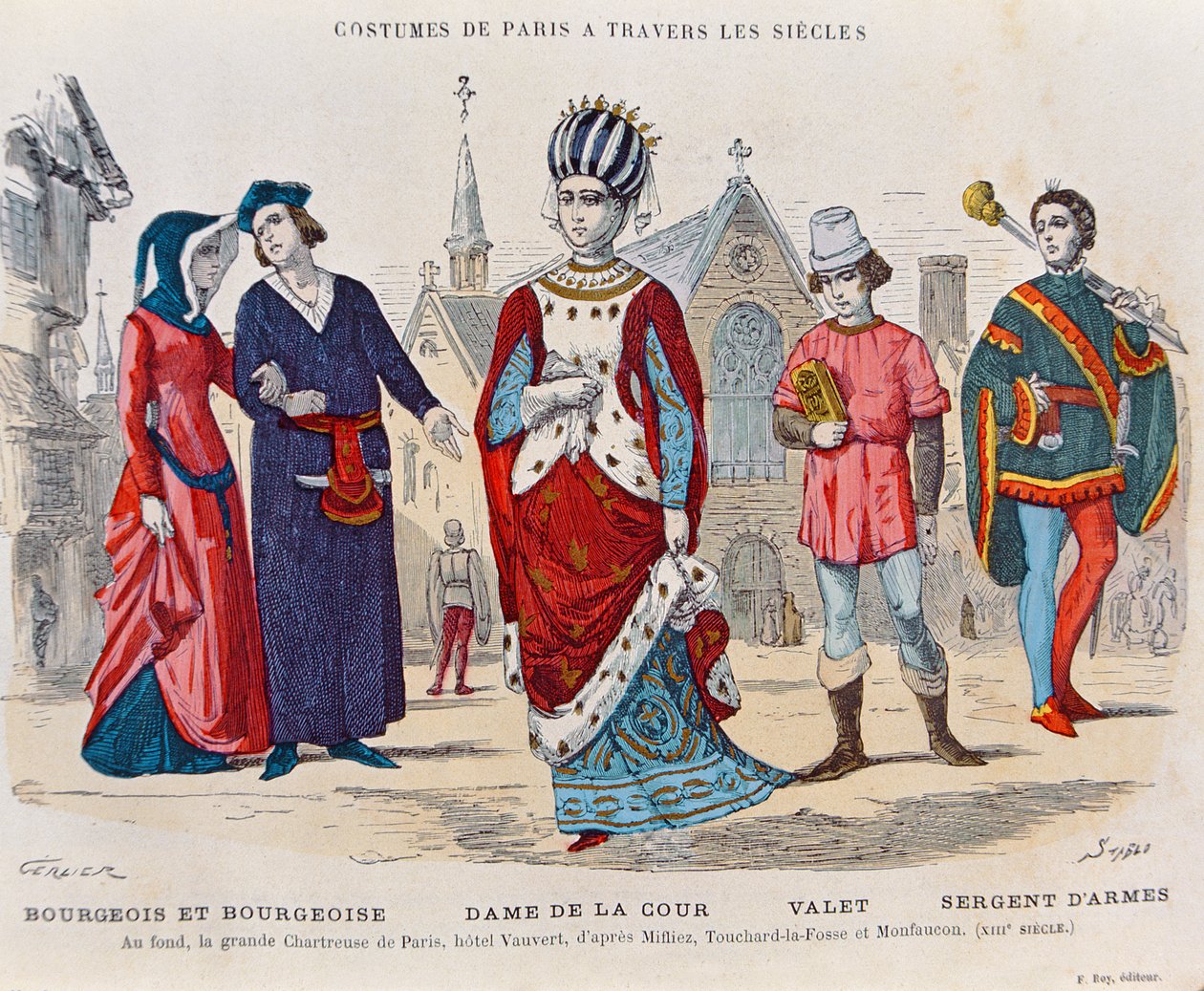 13世纪法国的宫廷服饰，由H. Gourdon de Genouillac的&39;Costumes de Paris a travers les siecles&39;插图，由Stablo（19世纪）雕刻（彩色雕刻） 作者 杰里尔