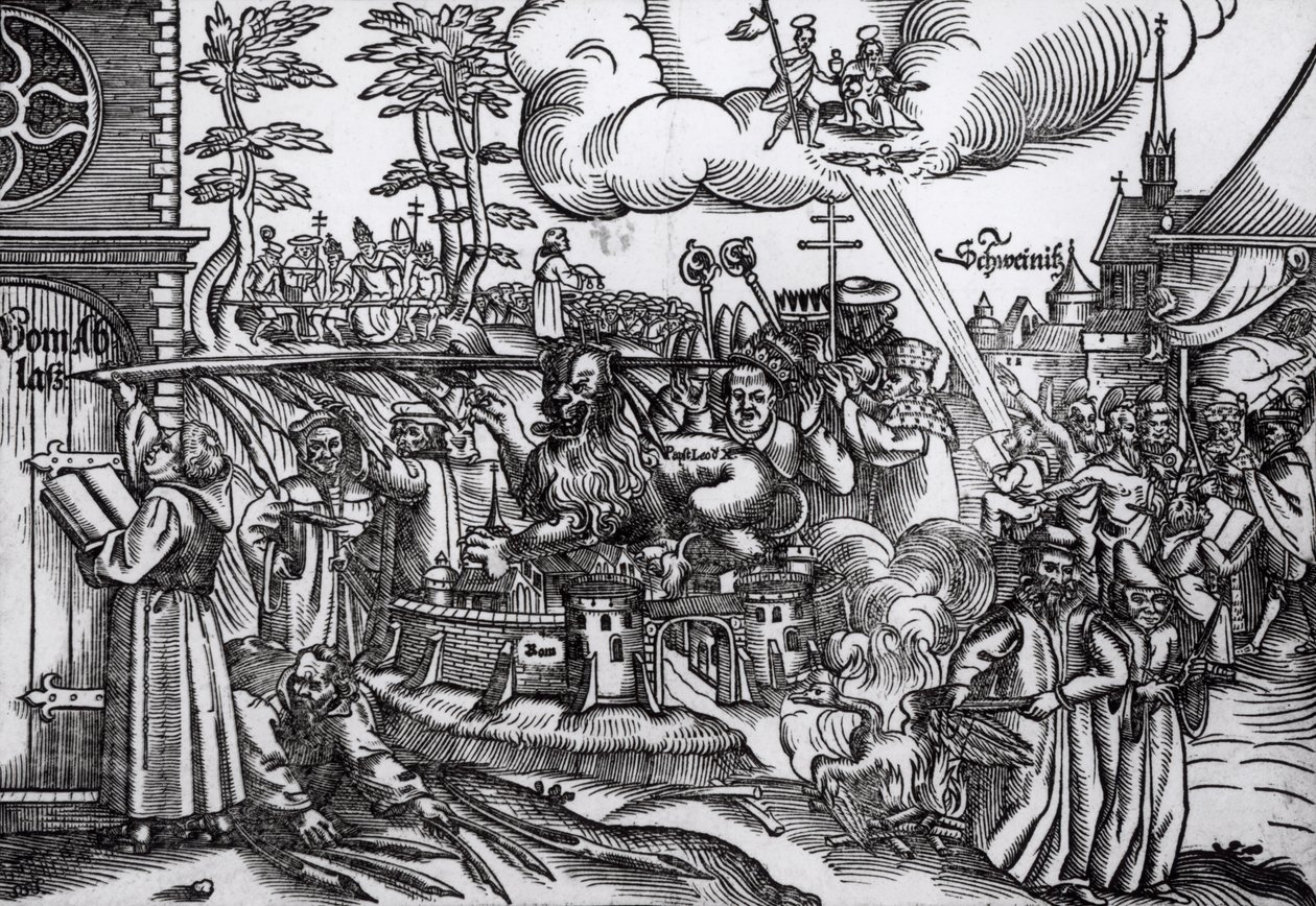 马丁路德（1483-1546）写于1517年维滕贝格教堂门口（木刻）（bw photo） 作者 德国学校