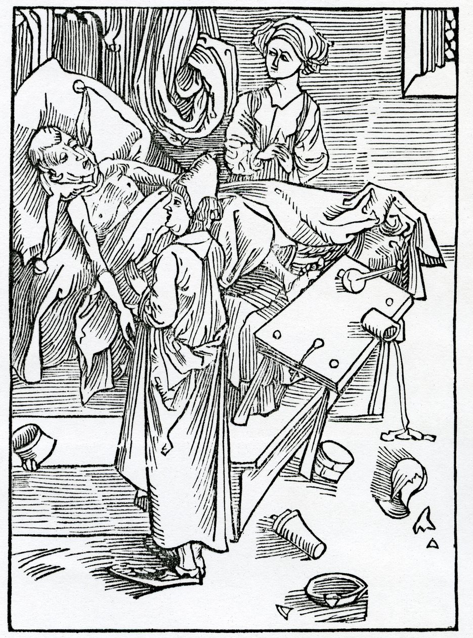 其中有些人对于Phesycyan感到害羞和厌恶，并且对于Phesycyan不感兴趣，这是Alexander Barclay在1874年出版的“愚人船”的英文译本中的插图 作者 德国学校