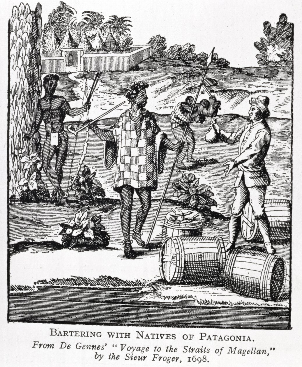 西班牙人与巴塔哥尼亚当地人交往，从de Gennes的“航行到麦哲伦海峡”，1698年的Sieur Froger，来自&39;The Rivernce of the River Plate&39;，Vol。我，由WH Koebel，1914年（工程师 作者 德国学校
