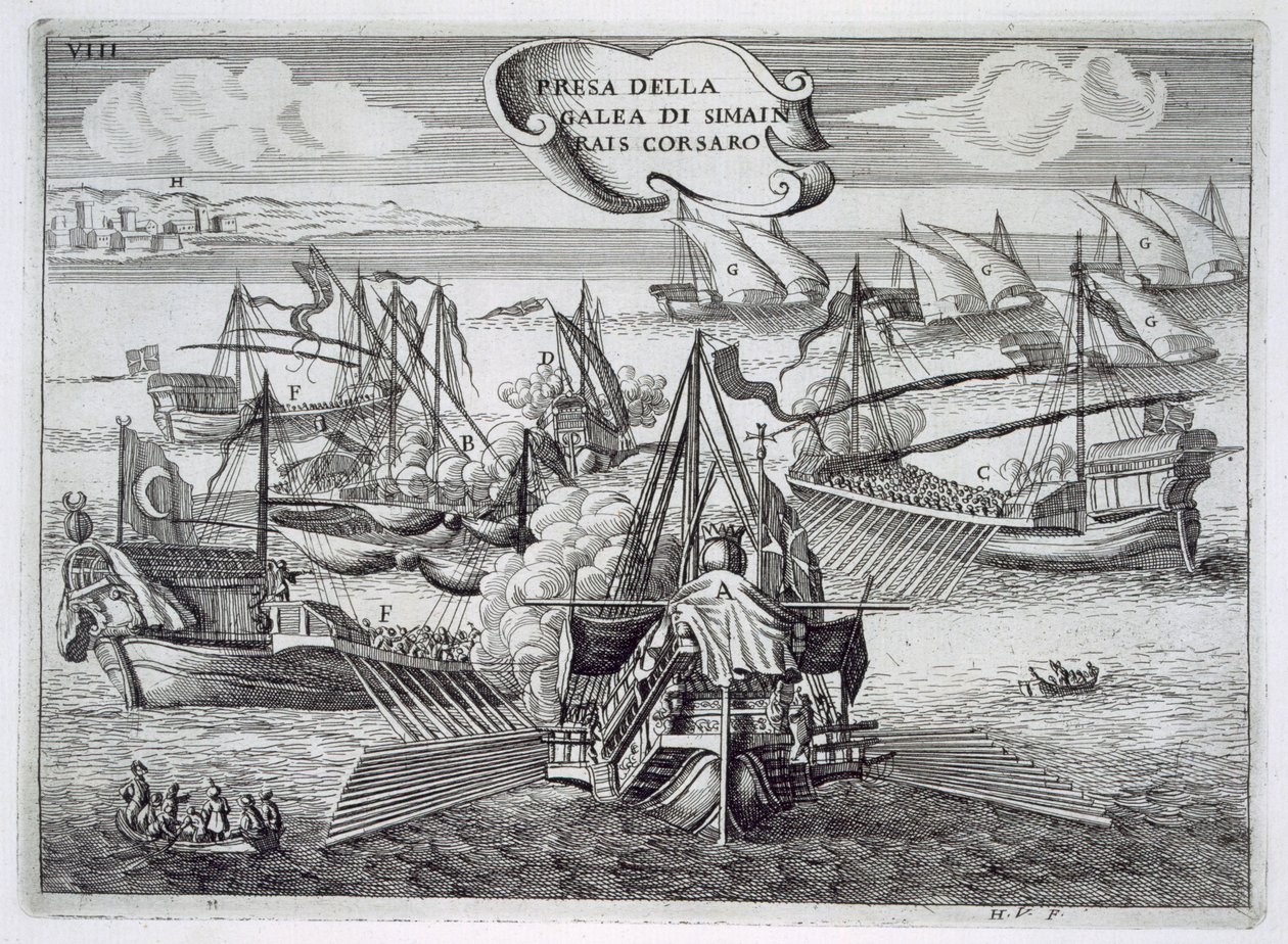 捕获西蒙·赖斯的Galeass，海盗船，插图来自“富尔维奥·丰塔纳的Cavalieri di Santo Stefano最具签名企业的托斯卡纳品味”，由H. Vincent雕刻，1701年（engrav 作者 意大利学校