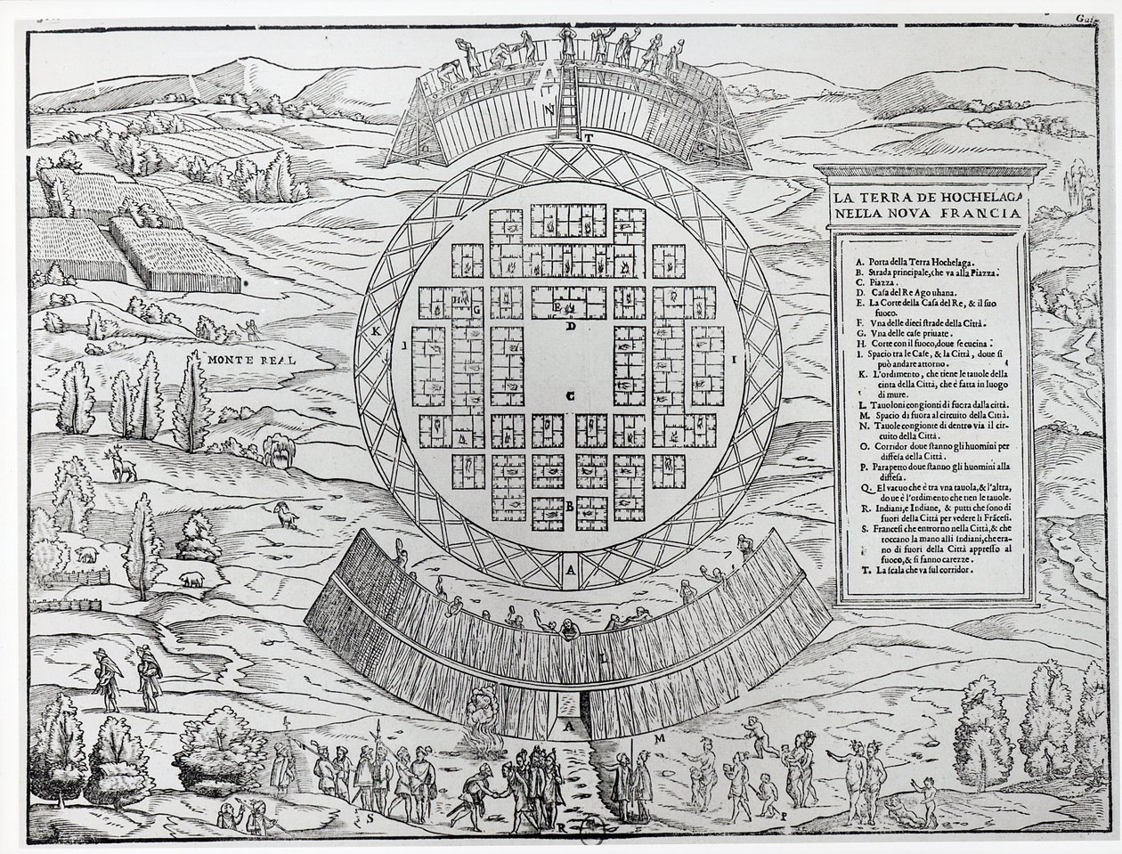 Hochelaga（蒙特利尔）的成立，由Giovanni Battista Ramusio（1485-1557）于1956年出版的“导航到新世界的第三卷导航和旅行”（en 作者 意大利学校