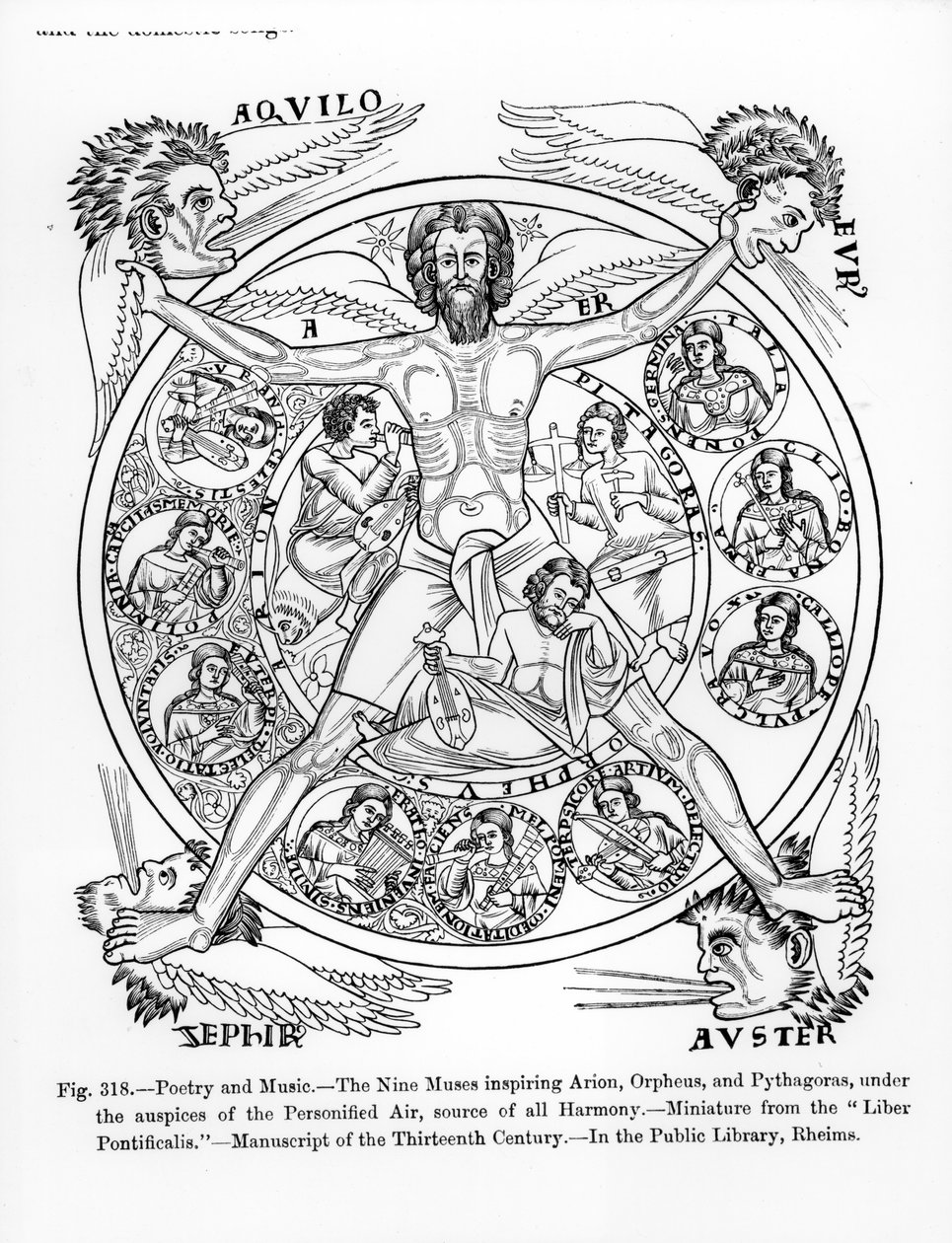 诗歌和音乐，九个缪斯激励Arion，Orpheusan毕达哥拉斯，在人格化空气的支持下，所有和谐的来源，来自&39;Liber Pontificalis&39;（教皇书）插图 作者 意大利学校