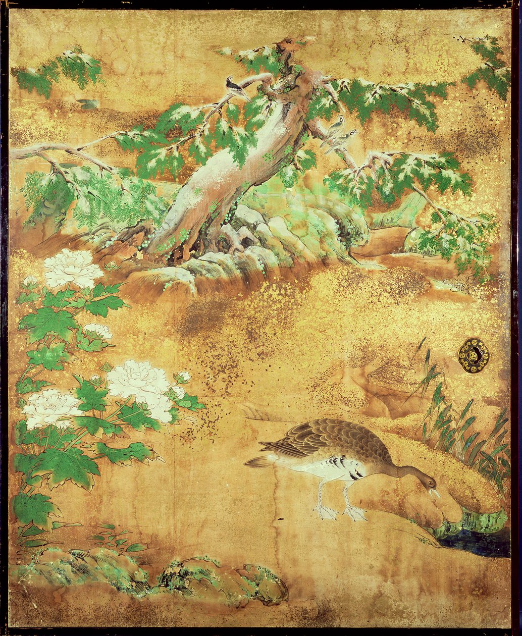 鸟和花滑动门板（纸张上的墨水，颜色，金银） 作者 日本学校