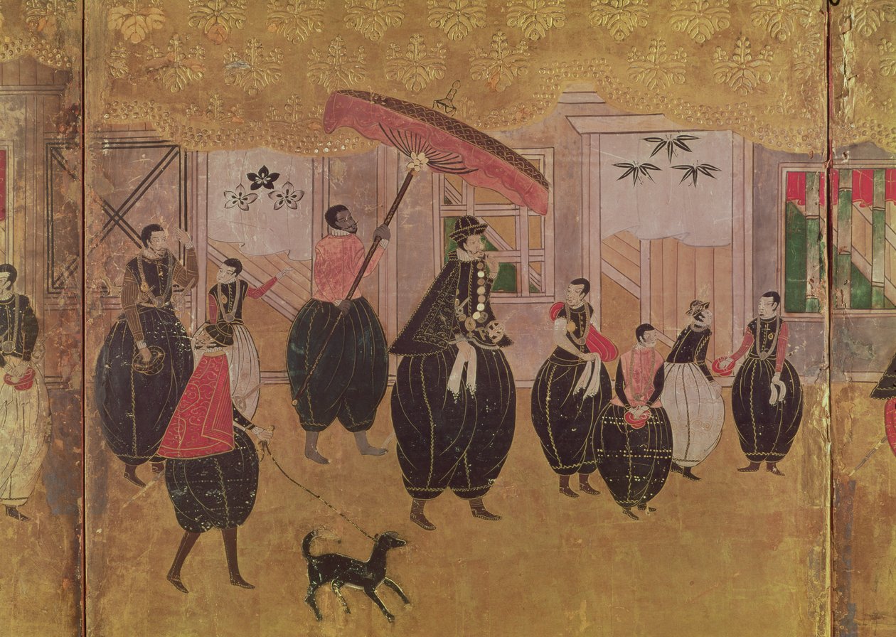 圣弗朗西斯泽维尔（1506-51）及其随行人员，折叠屏幕右侧部分的细节描绘了葡萄牙人在日本的到来，卡诺学校（漆器） 作者 日本学校