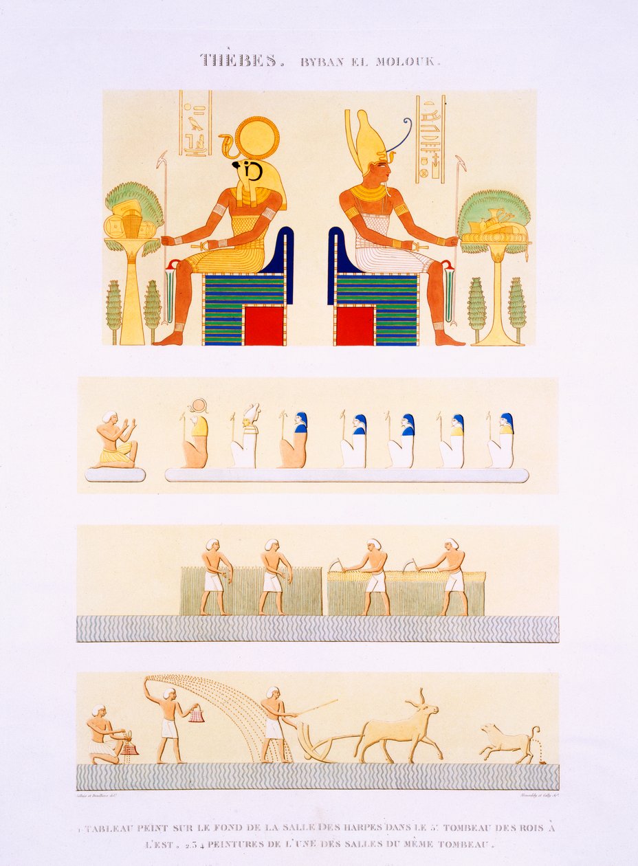 来自东方国王第五墓的竖琴的彩绘板和壁画的插图，来自“埃及描述”第二卷的第90页，由Monsaldy和Cally刻，1822年（aquatint） 作者 