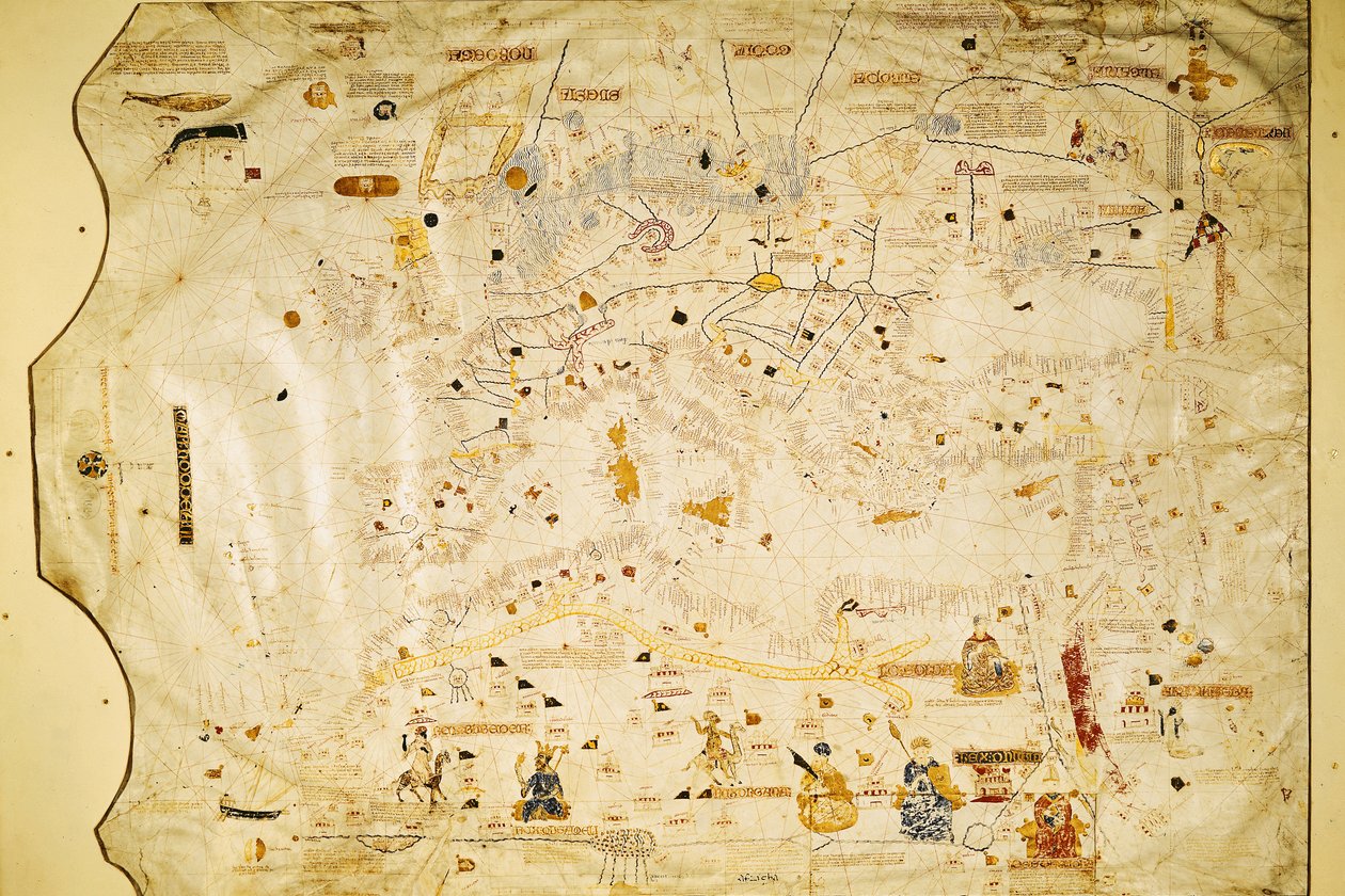 Charles V地图，Mecia de Viladestes地图，欧洲和北非的portulan，1413（vellum） 作者 西班牙语学校
