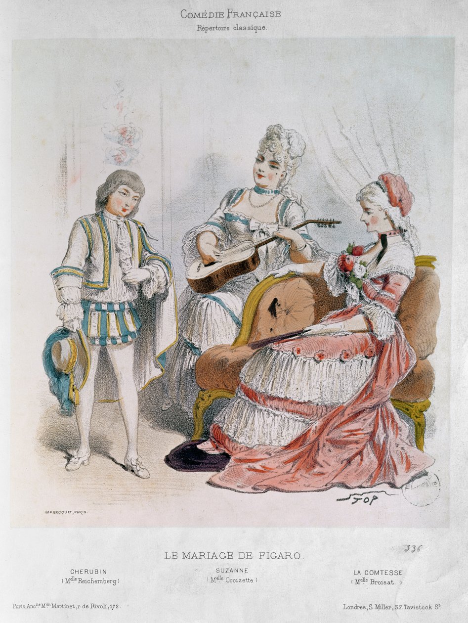 作为Cherubin的Mademoiselle Reichemberg，作为Suzanne的Mademoiselle Croizette和作为Pierre-Augustin Caron de Beaumarchais（1732-99）的“费加罗的婚礼”的伯爵夫人的Mademoiselle Broisat（颜色） 作者 停下