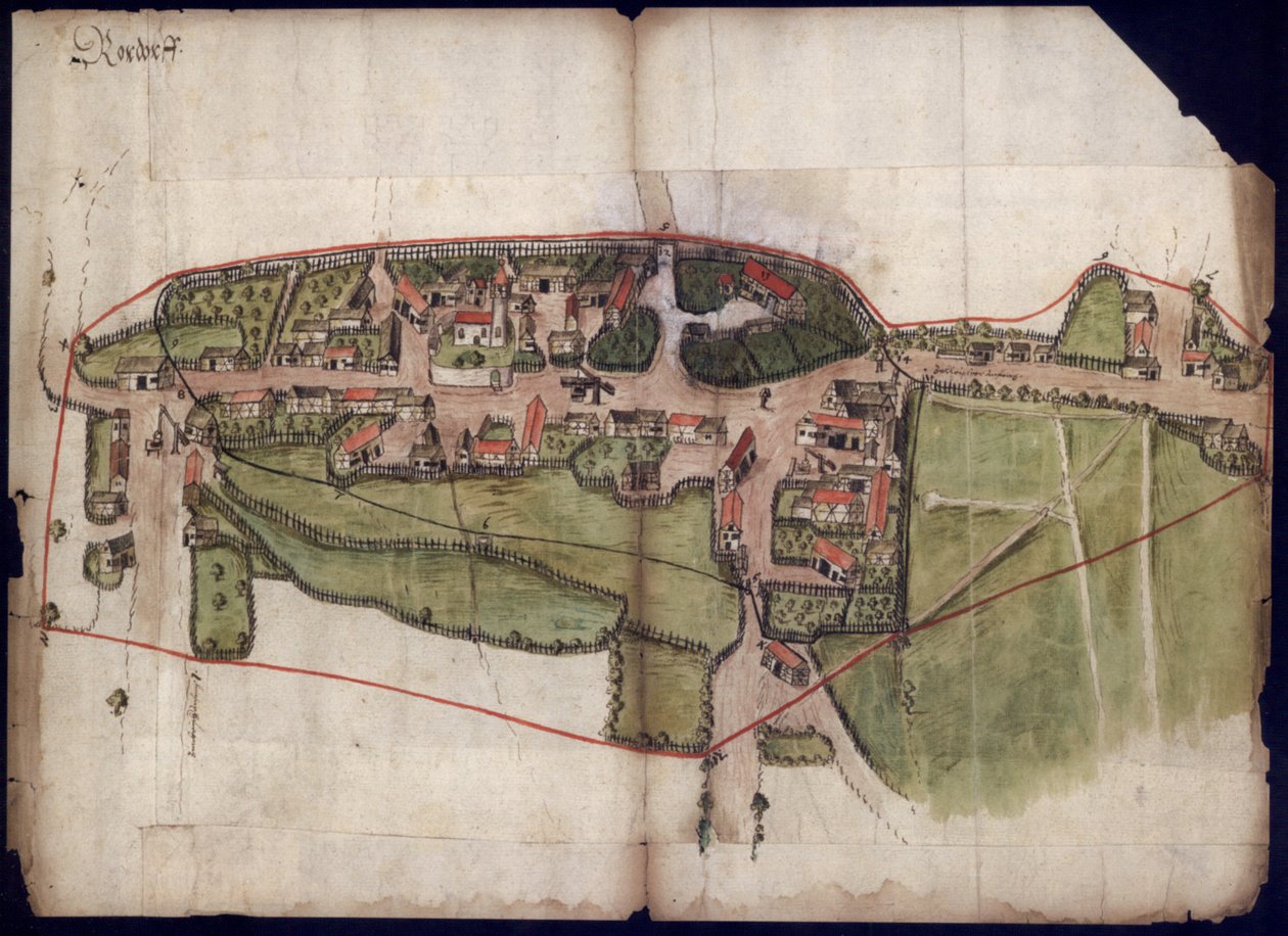 村庄Rohrdorf的看法在Meßkjirch的在1576年的鸟瞰图地图 作者 不明