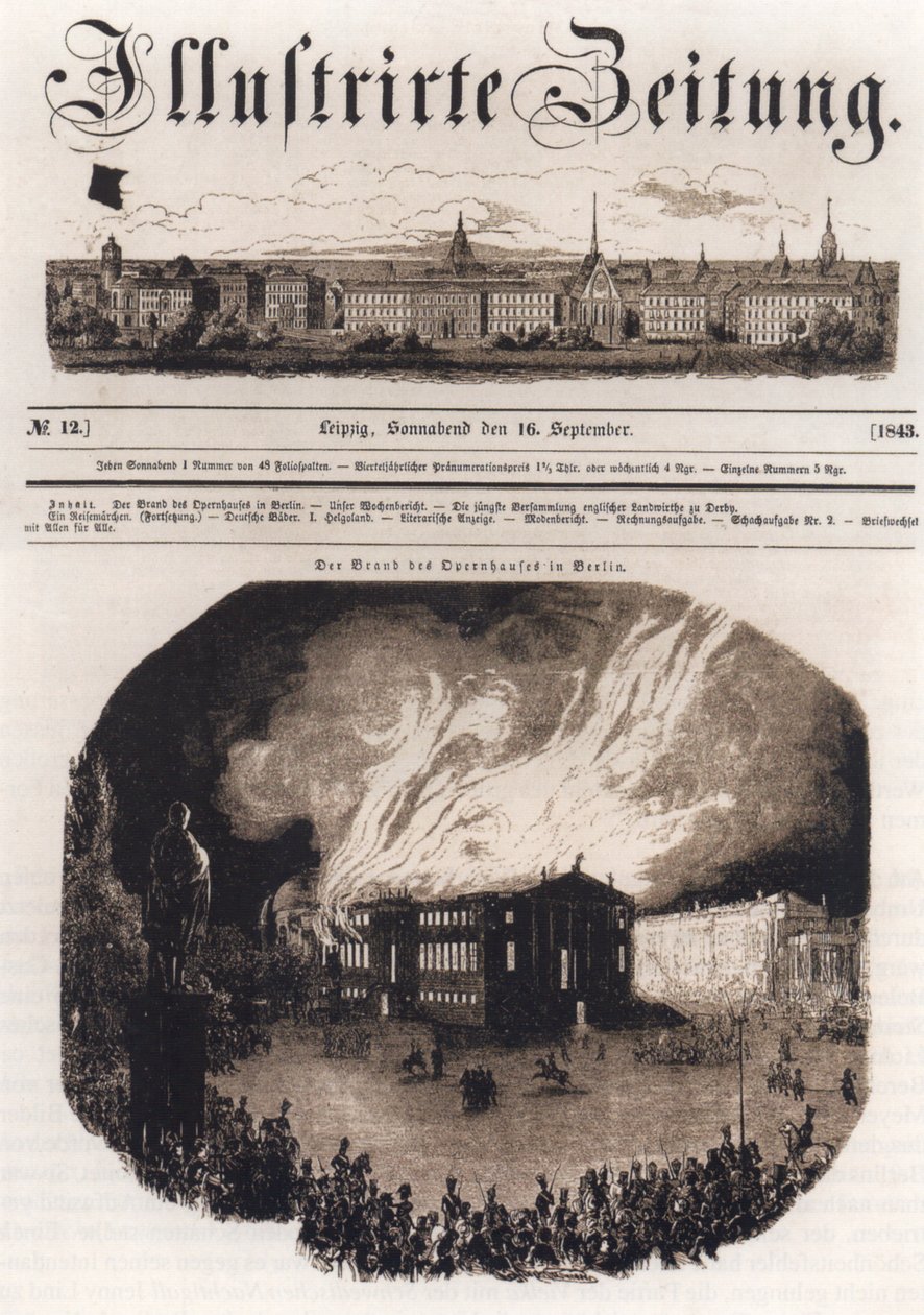 1843年9月16日Leizpiger Illustrirten Zeitung的标题页，1843年8月18日描绘了柏林歌剧院的品牌 作者 不明