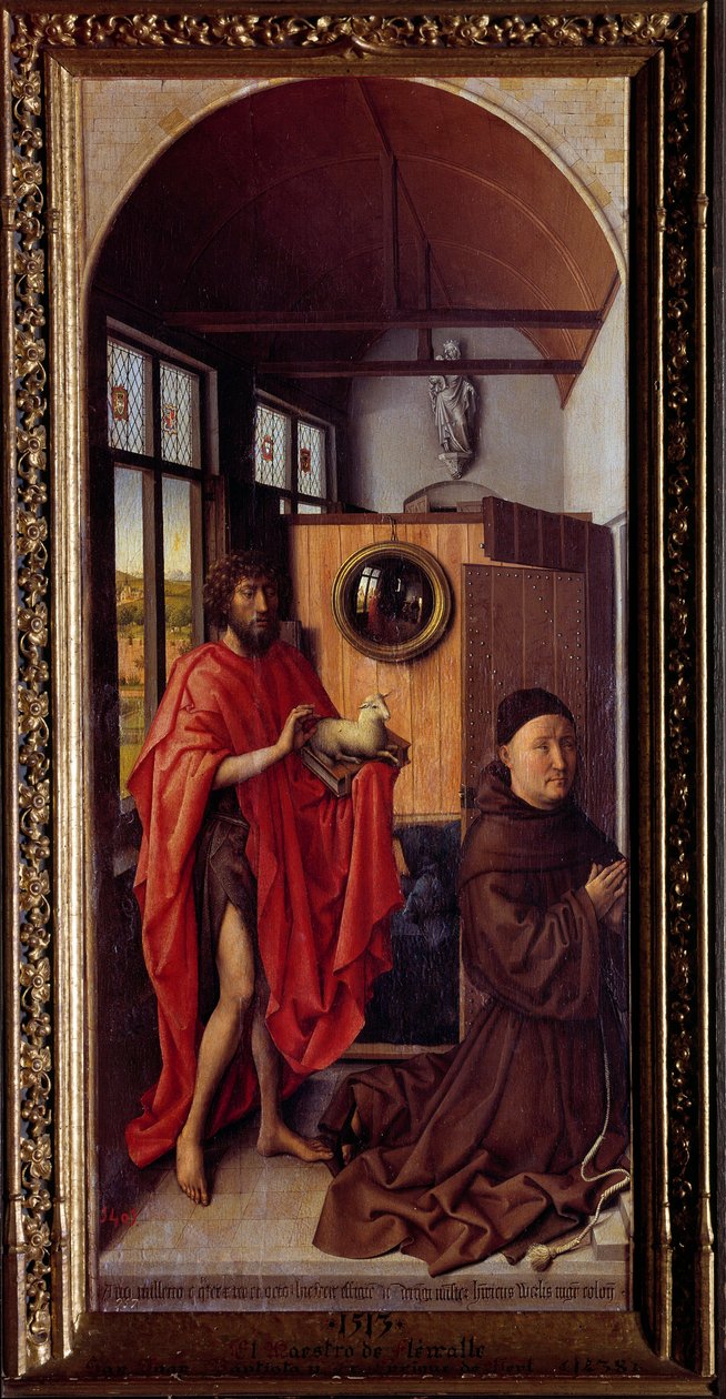 施洗者圣约翰和方济各会兄弟亨利·德·维尔伍德 (Robert Campin) 的画作被称为弗莱马勒大师 (1375-1444) 1438 年太阳。 1,01x0,47 m 马德里，普拉多博物馆 作者 弗莱玛勒大师