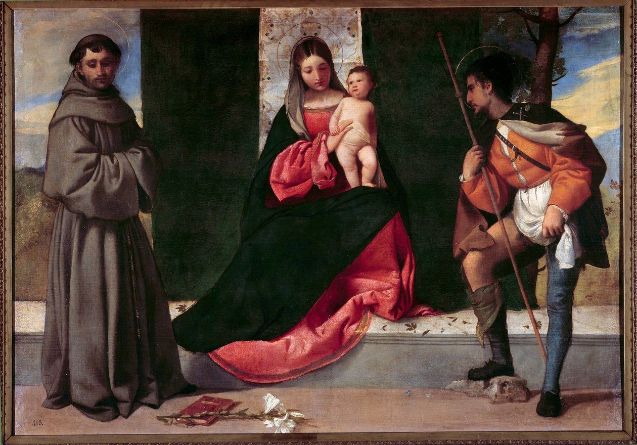 Giorgio Barbarelli da Castelfranco dit Giorgione（1477-1510 年）的《帕多瓦的圣安东尼（san antonio di padova）和圣罗克之间的圣母子》。 16世纪太阳。 0,92x1,33 m 马德里，普拉多博物馆 作者 乔尔乔内