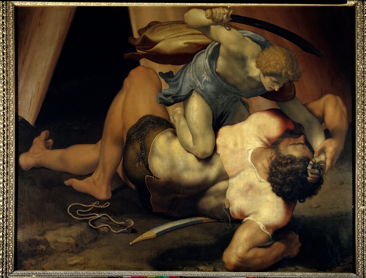 大卫和歌利亚 双面石板上的绘画 Daniele de Volterra (1509-1566) (ec ital) 16 世纪太阳 1,33x1,72 m 巴黎卢浮宫博物馆 作者 丹尼尔·达·沃尔泰拉