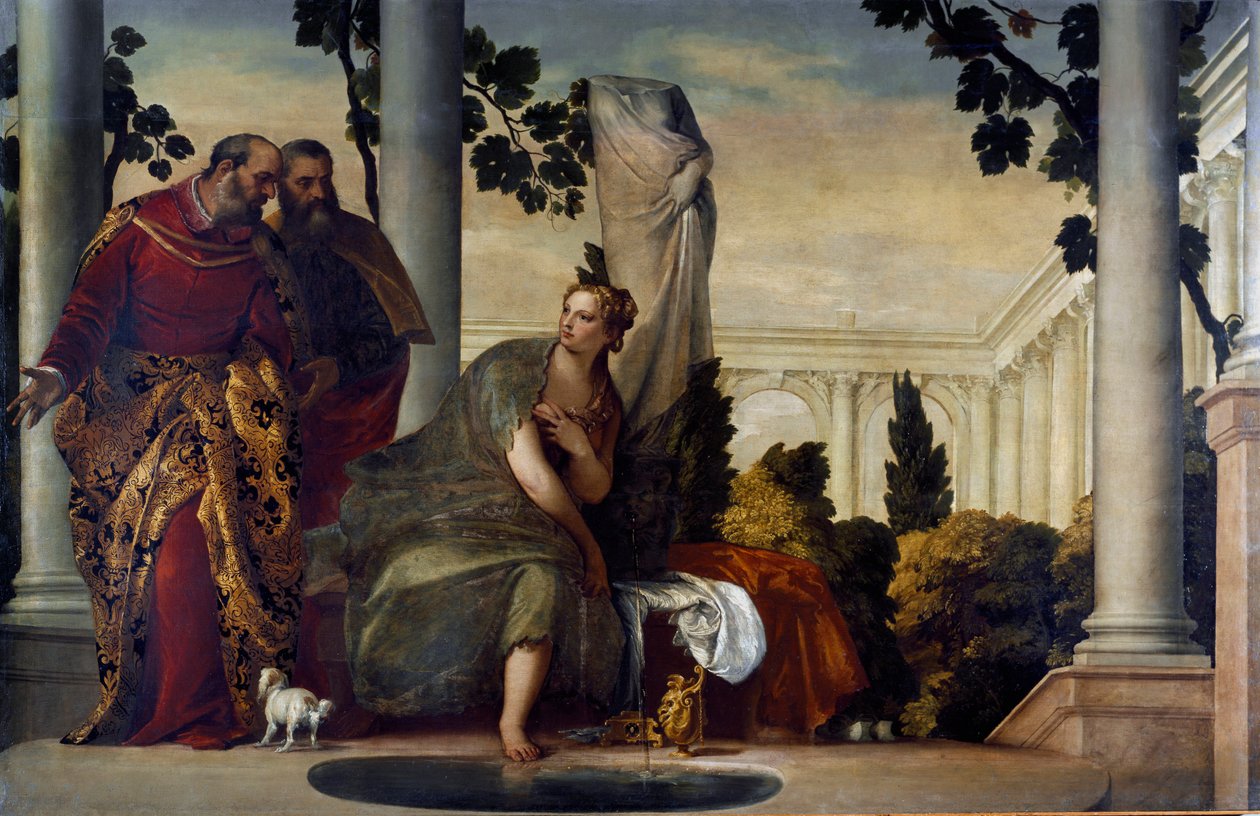 苏珊娜和老人们。 Paolo Caliari 的画作 Paul Veronese (1528-1588)，大约 1570 年。布面油画。 昏暗：175x320cm。 基因，Banca Carige 系列 作者 委罗内塞