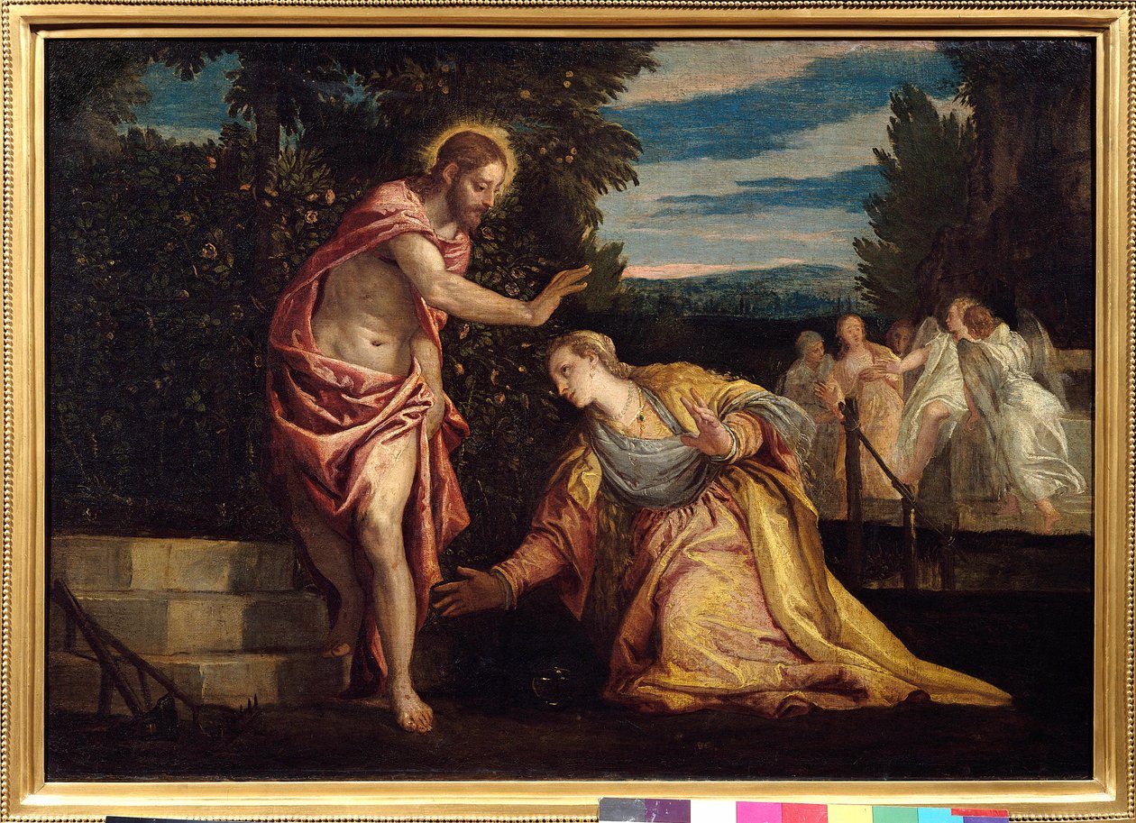 基督出现在玛德琳 (Noli me tangere) 绘画中，Paolo Veronese (1528-1588) 昏暗。 0.67 x 0.97 米。 格勒诺布尔。 艺术博物馆 - 基督出现在抹大拉的玛丽 (Noli Me Tangere) 面前。 保罗委罗内塞 (1528-1588) 的绘画。 0.67 x 0.95 米。 比亚 作者 委罗内塞