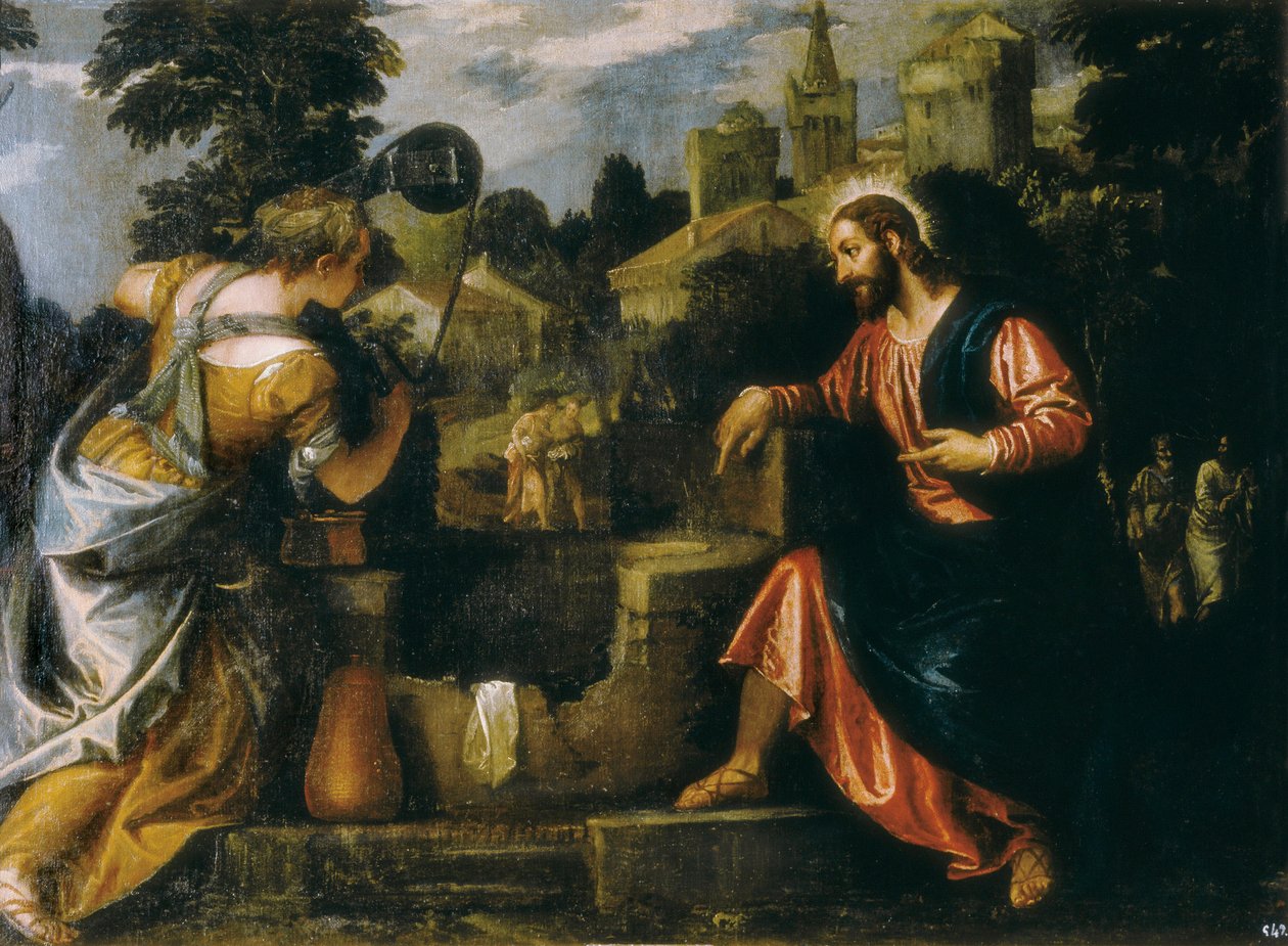 基督和井边的撒玛利亚妇人。 Paolo Caliari 的绘画说 Paolo Veronese (1528-1588)，1580 年。 Real Monasterio de San Lorenzo de El Escorial。 作者 委罗内塞
