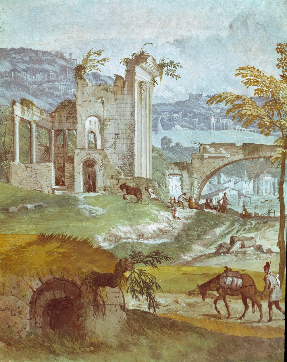 巴克斯房间的风景。 Paolo Caliari 的画作 Paolo Veronese (1528-1588)，大约 1561 年。 Fresco Maser (Treviso)，Villa Barbaro，Bacchus 的房间 作者 委罗内塞