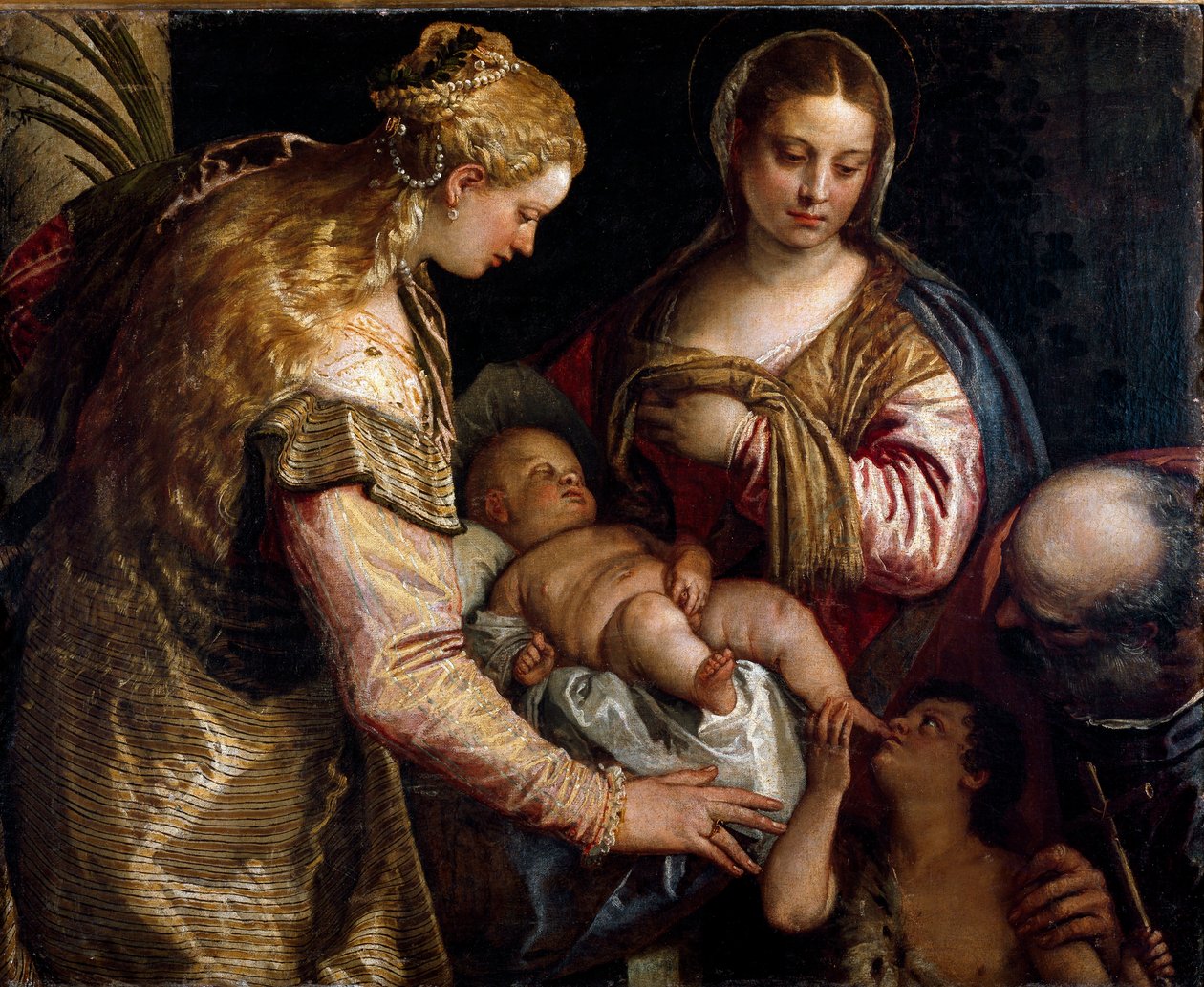 与圣巴贝和施洗者圣约翰的神圣家族。 Paolo Caliari 的画作 Paolo Veronese (1528-1588)，大约 1562 年。布面油画。 尺寸：86x122cm。 佛罗伦萨，Galleria degli Uffizi（佛罗伦萨，乌菲兹博物馆） 作者 委罗内塞