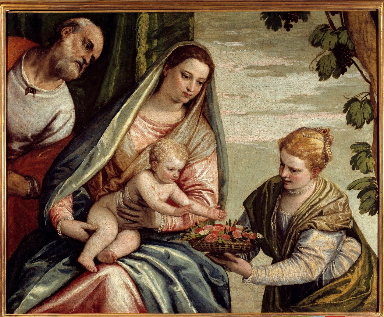 圣家族与捐赠者（圣多萝西）Paolo Veronese（1528-1588）16 世纪的绘画。 0,76x0,94 m 波尔多，Musee des Beaux Arts - 有捐赠者的神圣家族（Saint-Dorothea）。 委罗内塞 (Paolo Caliari) 的绘画 (1528-1588) 作者 委罗内塞