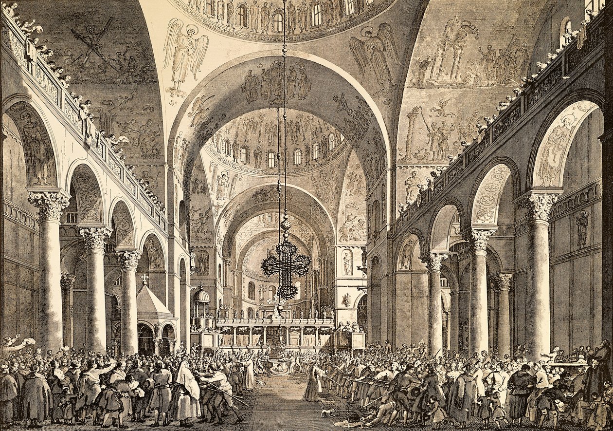 乔瓦尼·安东尼奥·卡纳尔（Giovanni Antonio Canal），又名卡纳莱托（Canaletto，1697-1768 年）和乔瓦尼·巴蒂斯塔·布鲁斯托隆（Giovanni Battista Brustolon，1712-1796 年），新当选的威尼斯总督的版画。 意大利 作者 (1697-1768) 卡纳莱托