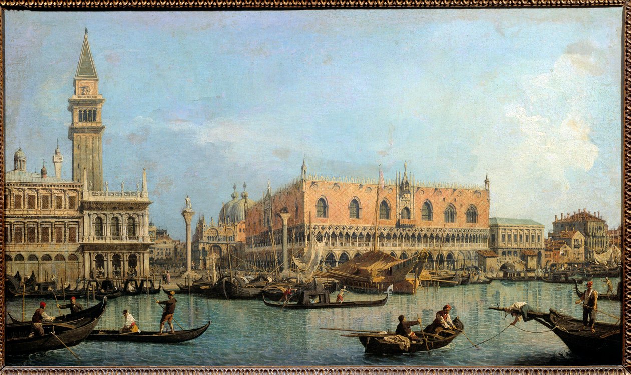 Le Mole，从圣马克盆地到威尼斯的景色 安东尼奥运河 dit Canaletto (1697-1768) 18 世纪的太阳。 0,47x0,81 m - 来自威尼斯圣马可盆地的莫洛。 安东尼奥·运河的画作 Canaletto (1697-1768) 作者 卡纳莱托