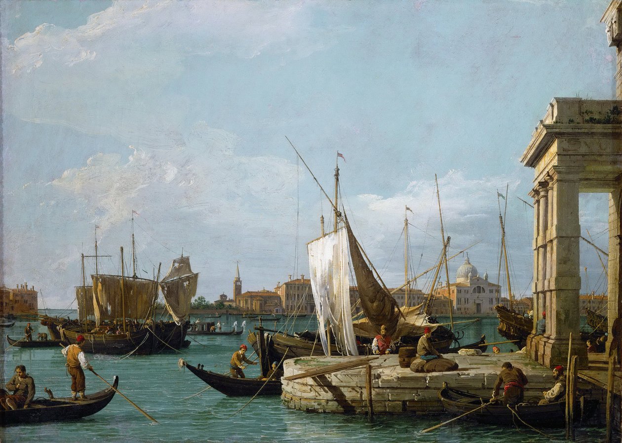 洛可可风格：威尼斯的Punta della Dogana（海关） par Canaletto（1697-1768），约1725。布面油画，46x63.4。艺术历史博物馆，维埃纳 作者 卡纳莱托