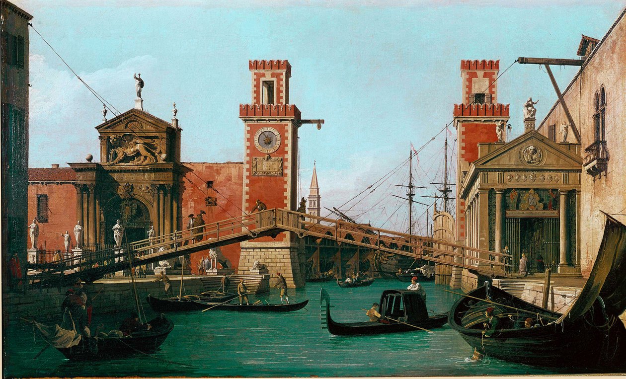 威尼斯的阿森纳桥 乔瓦尼·安东尼奥·运河 (Giovanni Antonio Canal) 的画作称为卡纳莱托 (Canaletto) (1697-1768) 1730-1731 年太阳。 47x79 厘米英格兰，沃本修道院 作者 卡纳莱托