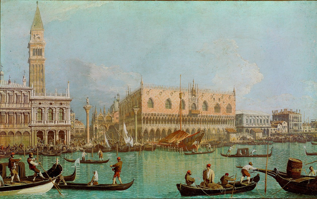 鼹鼠与圣马可盆地的公爵府（Il molo col Palazzo Ducale dal bacino di San Marco）。从运河上看到的威尼斯、总督府和圣马可广场。乔瓦尼-安东尼奥-卡纳尔（Giovanni Antonio Canal）（1697-1768）的画作。 作者 卡纳莱托