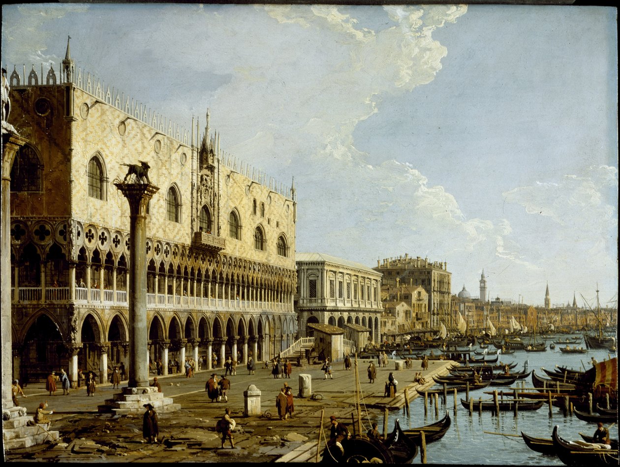 威尼斯：从Piazzetta看总督府和Riva degli Schiavoni，约1729年（铜板油画）。 作者 卡纳莱托