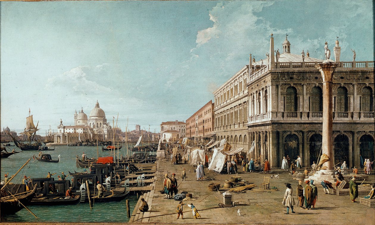 莫洛（Molo），马尔比亚纳图书馆（Biblioteca Marciana）和圣西奥多（St.Theodore）专栏的景色，威尼斯 作者 卡纳莱托