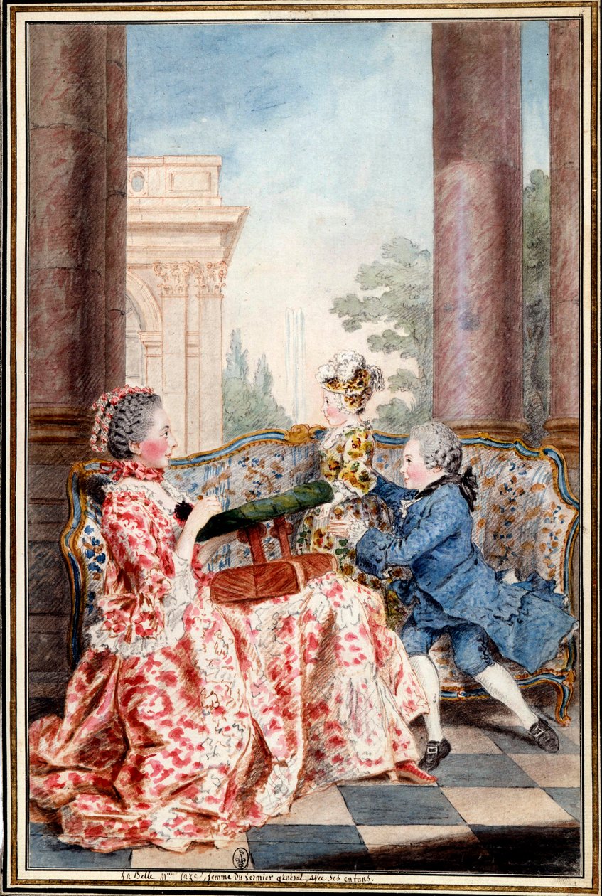 La belle Madame Caze, mkazi wa mlimi wamkulu ndi ana ake Watercolor a Louis Carrogis (1717-1806) dit Carmontelle. M