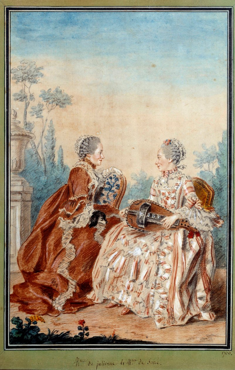 德朱丽安夫人和德塞尔夫人正在创作 Louis carrogis dit Carmontelle (1717-1806) 18 世纪的水彩音乐。 巴黎，卡纳瓦莱博物馆 作者 卡蒙泰尔