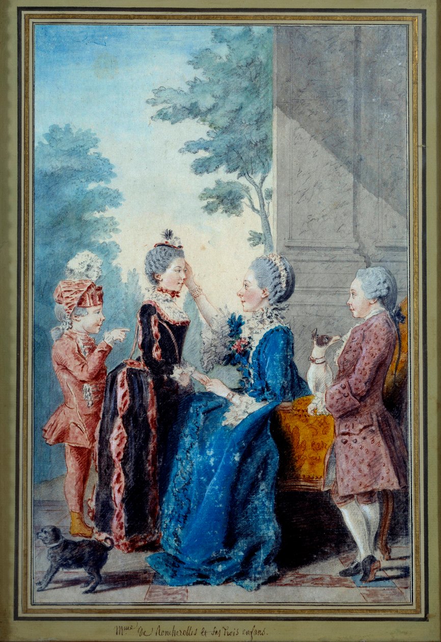 德鲁舍罗尔夫人和她的三个孩子 水彩画 作者 Louis Carrogis Carmontelle (1717-1806) 18 世纪巴黎，Musee Carnavalet 作者 卡蒙泰尔