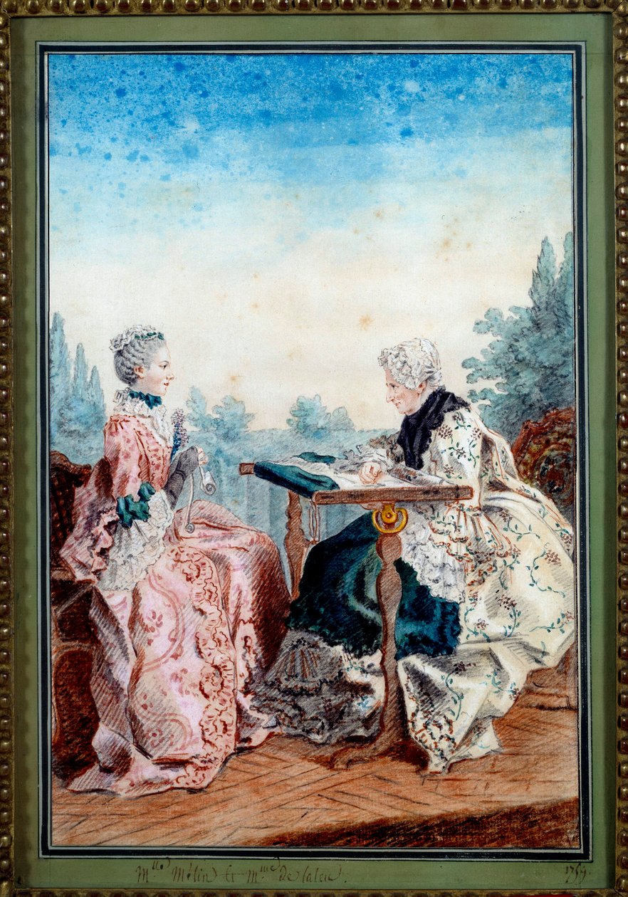 Mademoiselle Melin 和 Mademoiselle de Laleu 正在制作 Louis carrogis dit Carmontelle（1717-1806）1759 年的水彩挂毯。巴黎，Carnavalet 博物馆 作者 卡蒙泰尔