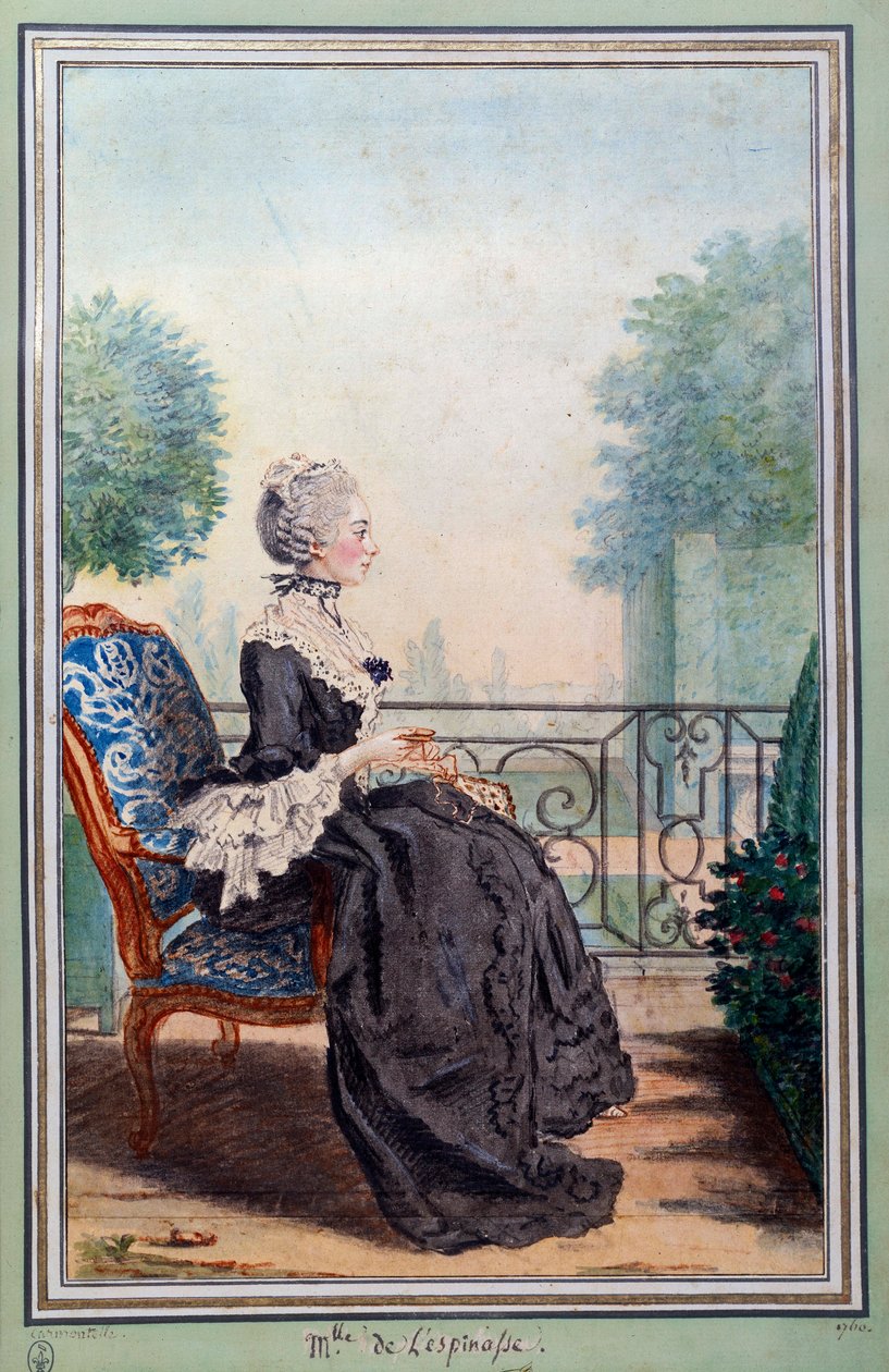 朱莉·德·莱斯皮纳斯 (1732-1776) 的全长肖像 水彩画作者 Louis Carrogis (1717-1806) di Carmontelle。 18 世纪尚蒂伊，康德博物馆 作者 卡蒙泰尔