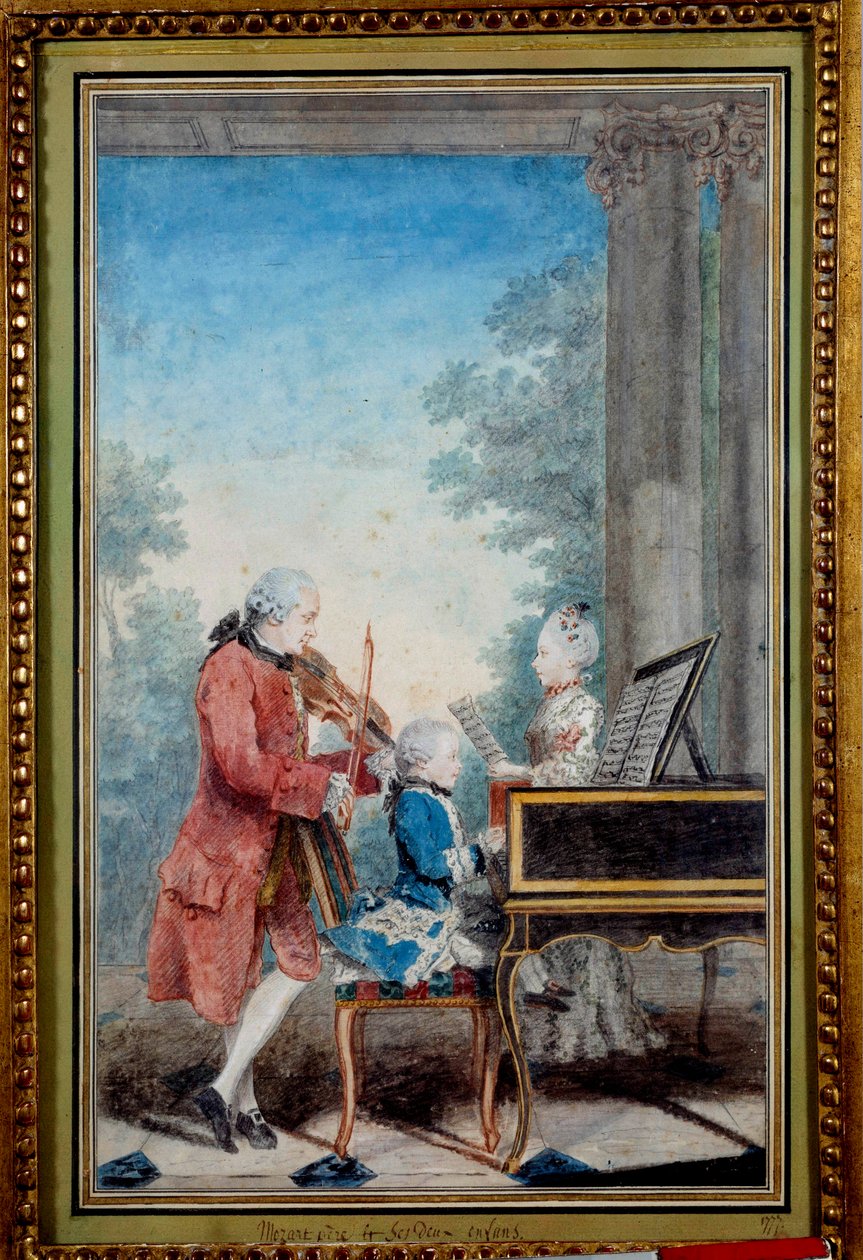 莫扎特（Wolfgang Amadeus Mozart，1756-1791）小时候与父亲和姐姐一起弹钢琴。 作者 卡蒙泰尔